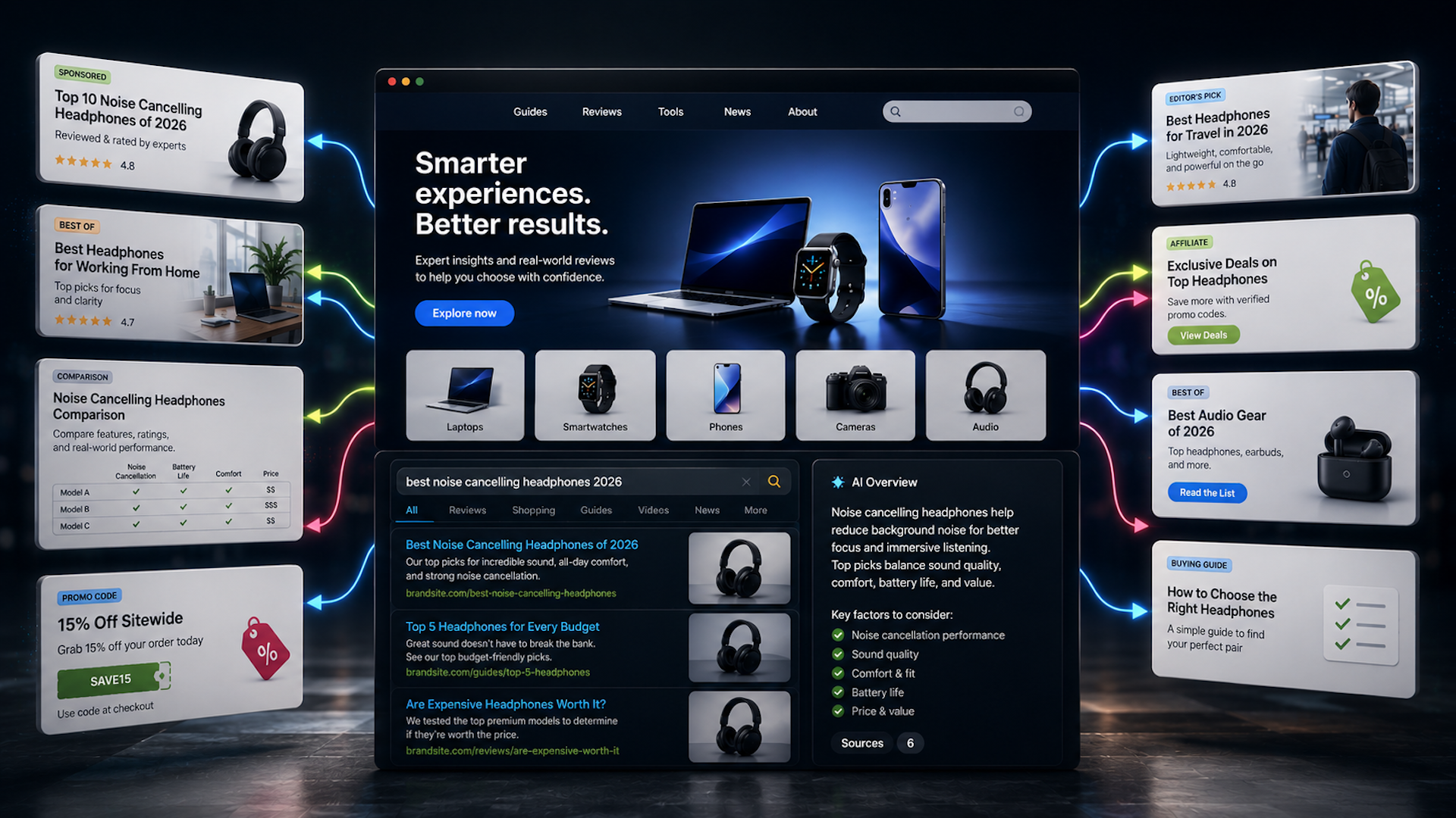 ```json
{
  "alt": "Website interface promoting headphone reviews with categories like best headphones for travel and exclusive deals, surrounded by tech icons.",
  "caption": "Explore top-rated headphones with expert insights and exclusive deals. Discover comparisons, best picks, and more on this comprehensive, user-friendly platform.",
  "description": "The image showcases a modern website interface highlighting headphones. Central to the design is a sleek promo section offering insights and reviews for products like laptops, smartwatches, and audio gear. Flanking the main content are features such as 'Top 10 Noise Cancelling Headphones of 2026' and 'Best Audio Gear of 2026', plus a 'How to Choose the Right Headphones' guide. Vivid colors connect these sections, optimizing navigation and visual appeal. Keywords: headphones, tech reviews, noise cancelling, product comparison, exclusive deals."
}
```