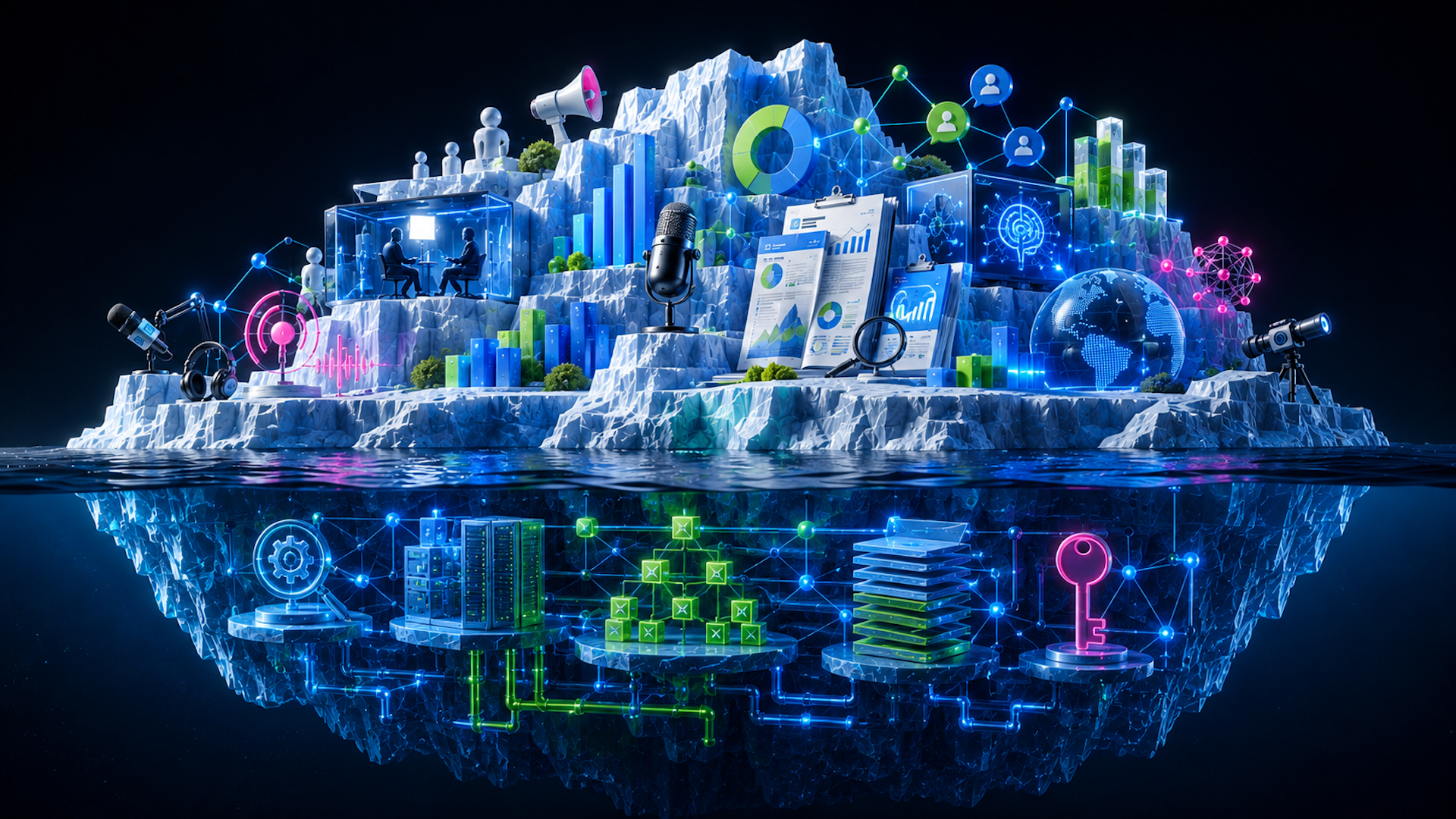 ```json
{
  "alt": "Digital iceberg with data and technology symbols above and below the waterline, symbolizing hidden analytics and insights.",
  "caption": "Explore the unseen depths of digital transformation with this captivating iceberg metaphor, revealing the concealed world of data analytics and technology.",
  "description": "This image depicts a stylized digital iceberg, illustrating the concept of visible and hidden data analytics. Above the waterline, various technology icons like microphones, graphs, and digital screens represent business insights and communication. Below the surface, circuitry and network symbols signify underlying data processes and connections. The image uses vibrant colors and a 3D effect, making it ideal for topics on data science, technology, and innovation."
}
```
