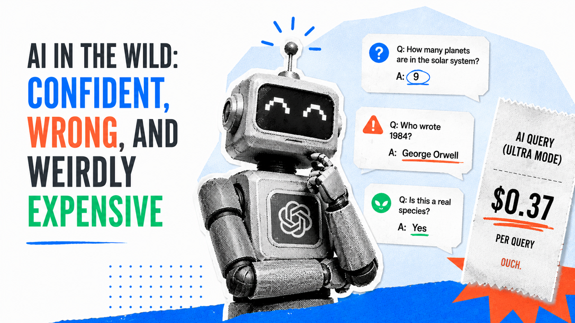```json
{
  "alt": "Retro robot with screen face, speech bubbles showing AI errors, and a receipt illustrating high query cost.",
  "caption": "This retro-styled robot humorously highlights common AI pitfalls: confident errors and costly queries, embodying both charm and caution.",
  "description": "A vintage robot with a pixelated smile stands before speech bubbles displaying humorous AI mistakes on queries about planets, literature, and species. A receipt details the high cost of an AI query at $0.37, playfully labeled 'ouch.' The image conveys themes of AI's confident inaccuracies and expense in a stylized, engaging manner. Keywords: AI mistakes, retro robot, AI cost, speech bubbles, vintage design."
}
```