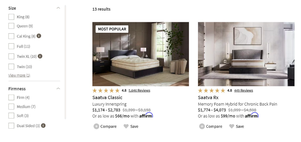 ```json
{
  "alt": "Saatva mattress options with prices and ratings, including Saatva Classic and Saatva Rx.",
  "caption": "Discover the comfort of Saatva mattresses, featuring the popular Classic and Rx models, with competitive pricing and top ratings.",
  "description": "This image showcases two Saatva mattresses: the Classic and the Rx, both with prominent ratings and pricing details. The Classic model is highlighted as 'Most Popular' and both offer flexible payment options through Affirm. The background includes elegant bedroom settings, catering to various size and firmness selections. With options for King, Queen, and Twin sizes, each mattress is tailored for luxury and chronic back pain relief. Ideal for consumers seeking quality sleep solutions."
}
```