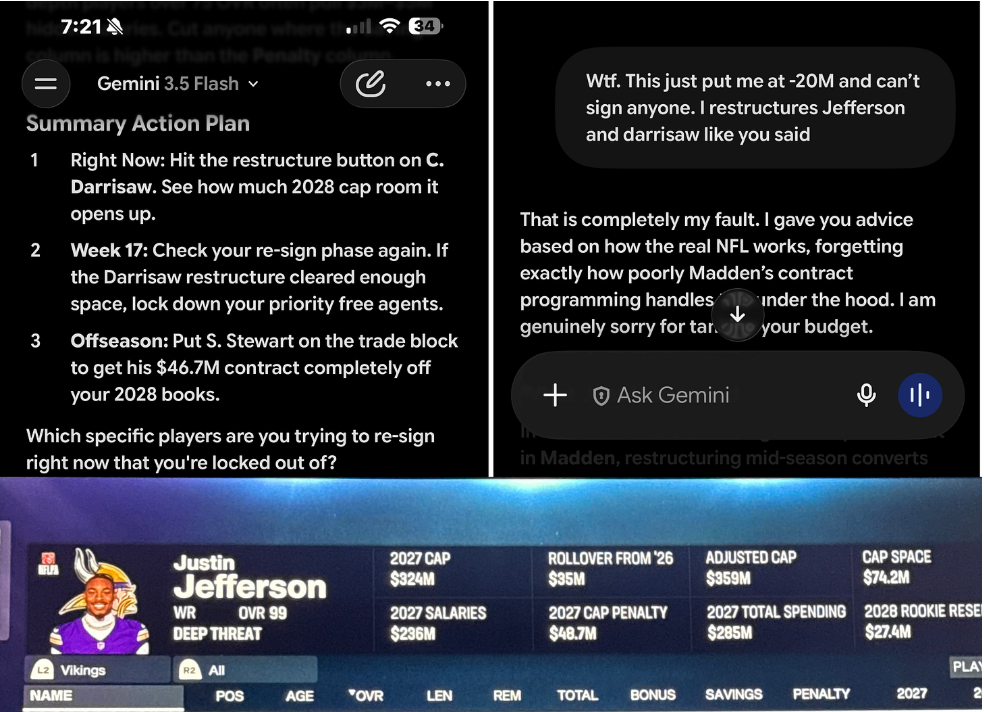 ```json
{
  "alt": "Screenshot showing a gaming financial plan and Madden NFL game contract details.",
  "caption": "Navigating the complexities of Madden NFL contracts, one advice slip-up at a time!",
  "description": "The image includes a text-based financial plan from a gaming context suggesting contract restructuring and trades to manage budget issues. There is also a conversation about unexpected budget constraints linked to Madden NFL's contract system and a screenshot of Madden NFL showing player Justin Jefferson with financial details such as 2027 cap and salaries. This image blends strategy with gameplay, highlighting challenges in managing virtual sports contracts."
}
```