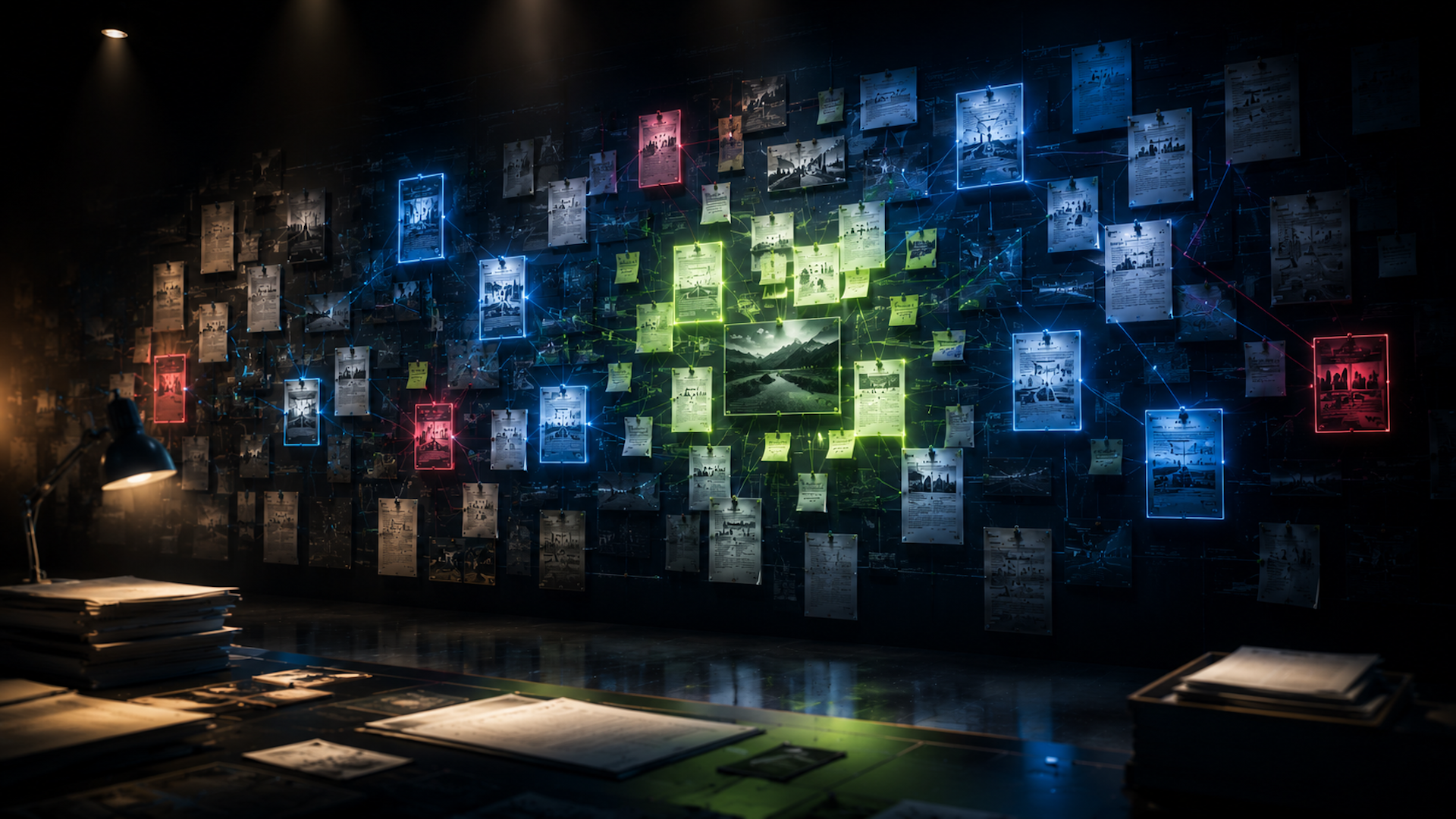 ```json
{
  "alt": "A dimly lit room with a wall of interconnected documents, illuminated by various colored lights.",
  "caption": "Dive into mystery with this captivating detective board, where clues and connections unravel under soft, colored lights.",
  "description": "This image depicts a detective's evidence wall, featuring a complex web of interconnected documents and photos. Each section is highlighted by colored lights, including blue, red, and green, creating an atmospheric investigative scene. A desk lamp casts additional light over a table filled with stacked papers, contributing to the room’s enigmatic and investigative ambiance."
}
```