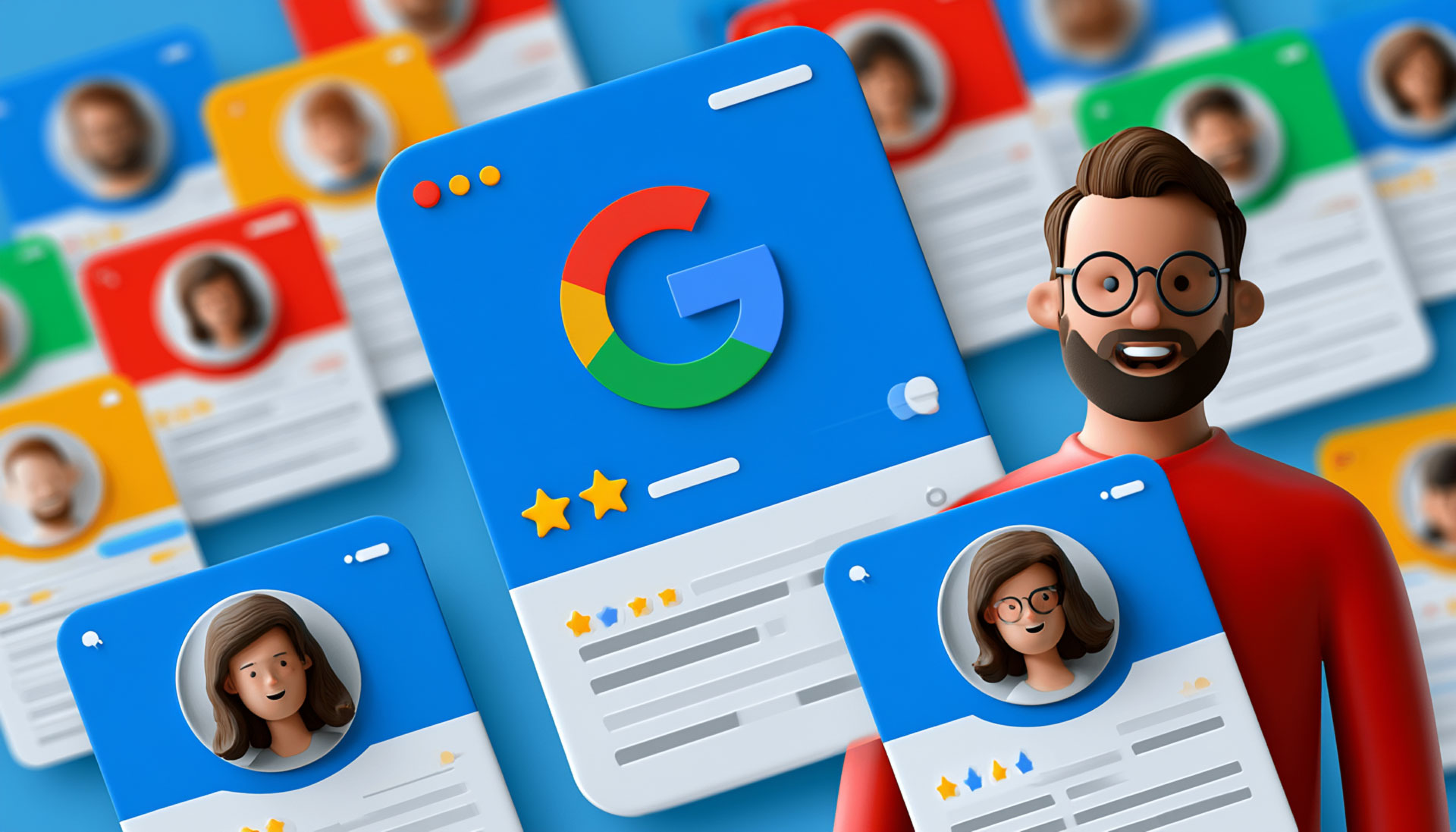 ```json
{
  "alt": "3D illustration of a smiling character holding Google-themed profile cards with colorful designs in the background.",
  "caption": "Discover a world of possibilities with this vibrant 3D illustration showcasing Google-themed user profiles, creatively designed for a digital experience.",
  "description": "This 3D illustration features a smiling cartoon character holding a series of profile cards styled with Google's iconic colors. Each card displays a user's profile picture, along with details and ratings, set against a colorful and engaging backdrop. Ideal for visualizing user interactions, tech profiles, or social media concepts, this image creatively embodies the dynamic and inclusive nature of digital communication."
}
```