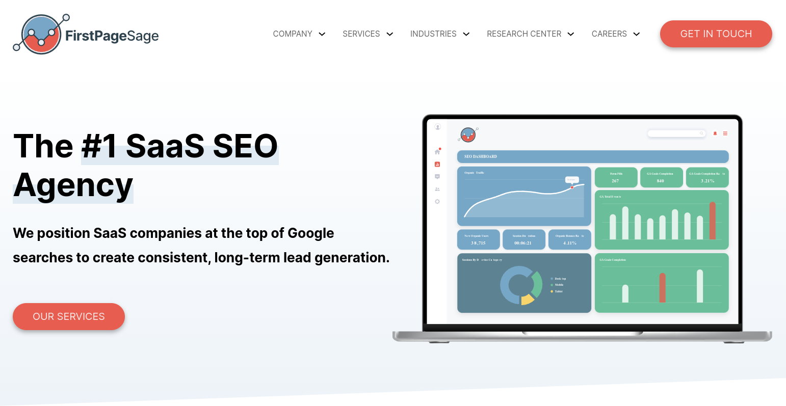 ```json
{
  "alt": "FirstPageSage website showcasing SaaS SEO agency services with a dashboard display.",
  "caption": "Discover how FirstPageSage can elevate your SaaS company's SEO strategy to the top of Google searches with innovative dashboards.",
  "description": "The image displays a section of the FirstPageSage website, highlighting their services as a top SaaS SEO agency. It features a laptop with a dashboard showcasing analytics and metrics. The site emphasizes positioning SaaS companies at the forefront of Google searches for sustained lead generation. Navigation links include company info, services, industries, a research center, and career opportunities. Keywords: FirstPageSage, SaaS SEO, lead generation, Google searches, analytics dashboard."
}
```