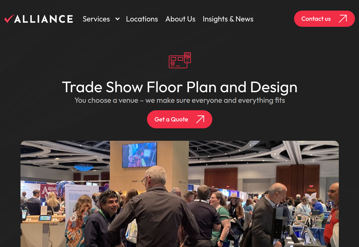 ```json
{
"alt": "Trade show event with attendees gathered at booths under a modern ceiling, promoting design services.",
"caption": "Explore dynamic trade show floor planning with engaging booths and interactive exhibits, where everyone fits perfectly.",
"description": "This image showcases a bustling trade show event with numerous attendees engaging at various booths beneath an architecturally modern ceiling. The scene emphasizes the tagline, 'Trade Show Floor Plan and Design,' suggesting a focus on meticulous venue planning and layout services. A red button invites viewers to 'Get a Quote,' adding an action-oriented element. Keywords: trade show, floor plan, design, event planning, booths."
}
```