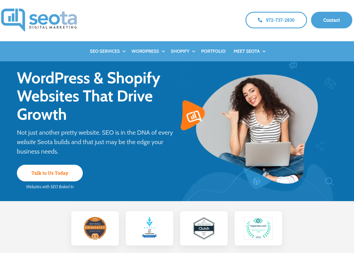 ```json
{
"alt": "Seota Digital Marketing webpage showcasing WordPress and Shopify services for growth.",
"caption": "Boost your business with Seota's expert WordPress and Shopify solutions that prioritize SEO for impactful growth.",
"description": "The Seota Digital Marketing homepage highlights their expertise in WordPress and Shopify website development aimed at driving business growth. The design features a friendly image of a woman gesturing toward a laptop, symbolizing digital connection. The text emphasizes SEO integration as a unique advantage, complemented by a 'Talk to Us Today' call-to-action button. Various accolades and achievements are displayed to establish trust and credibility. The intuitive layout and vibrant colors enhance engagement."
}
```