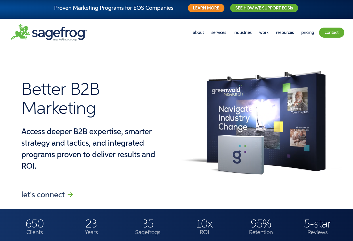 ```json
{
  "alt": "Sagefrog B2B marketing webpage with promotional content and statistics.",
  "caption": "Discover the power of Sagefrog's B2B marketing, combining expertise and innovative strategies to drive success and achieve high ROI.",
  "description": "The image showcases the Sagefrog marketing group's webpage highlighting B2B marketing services. It emphasizes expertise in smart strategies and integrated programs aimed at improving ROI. The page features promotional imagery from Greenwald Research, stats like 650 clients and 23 years in the industry, and calls to action such as 'Let’s Connect'. It's a visually appealing presentation geared towards marketing agencies seeking effective solutions."
}
```