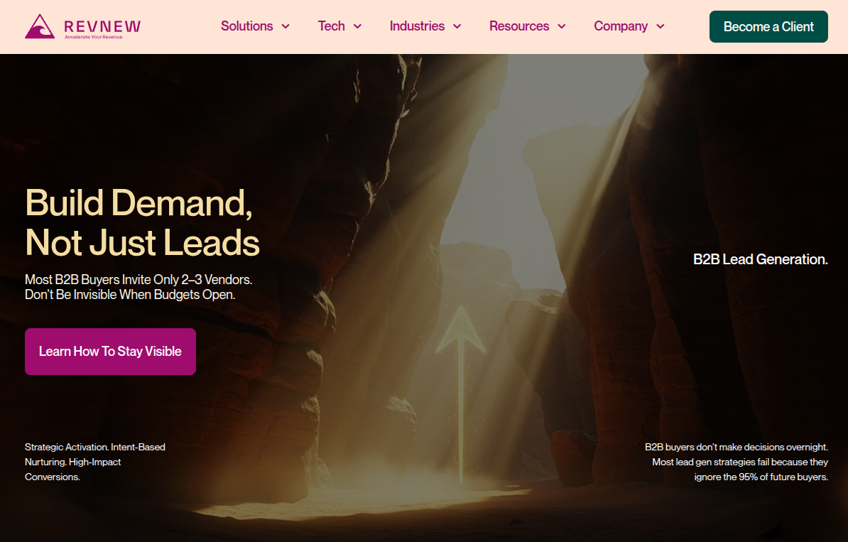 ```json
{
  "alt": "Revnew webpage offering B2B lead generation solutions with motivational text in a canyon setting.",
  "caption": "Discover how to build lasting demand with Revnew's B2B strategies. Stand out among competitors and ensure you're not invisible when budgets open.",
  "description": "This Revnew webpage screenshot highlights their B2B lead generation services. Set against a dramatic canyon backdrop, the image features texts like 'Build Demand, Not Just Leads' and 'B2B Lead Generation.' The strategic message emphasizes the importance of visibility and readiness in a competitive market. Keywords: B2B, lead generation, business strategies, demand creation."
}
```