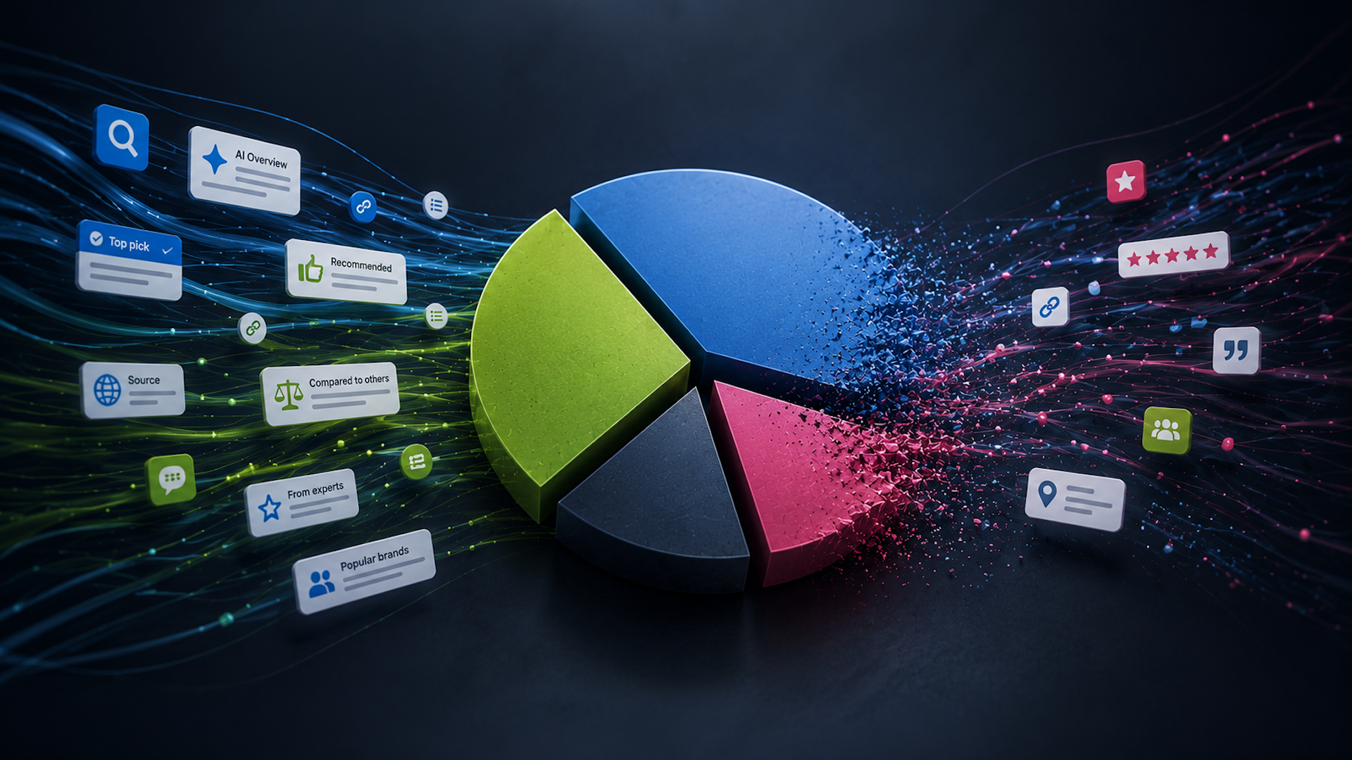 ```json
{
  "alt": "Colorful 3D pie chart with digital icons flowing from the segments, suggesting data integration and information flow.",
  "caption": "A vibrant 3D pie chart bursts with digital icons, symbolizing the dynamic flow of information and data integration.",
  "description": "This image features a 3D pie chart with colorful segments, each representing different data categories. Digital icons, such as stars, thumbs up, and comments, flow out from the chart, visually illustrating the concept of data integration and information dissemination. This dynamic representation is perfect for themes of data analysis, digital interaction, and technological innovation."
}
```