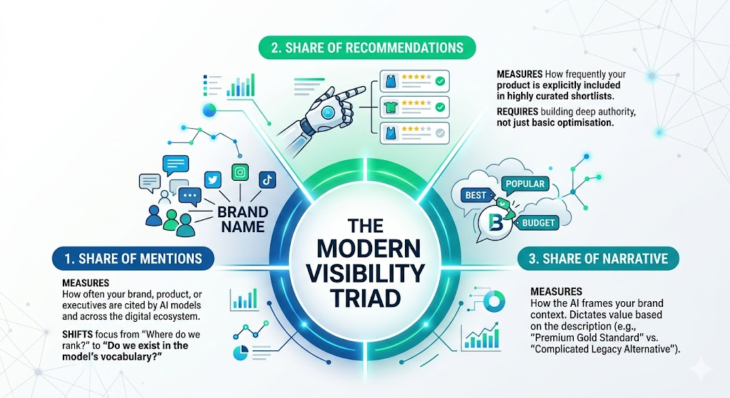 ```json
{
  "alt": "Infographic on the Modern Visibility Triad highlighting shares of mentions, recommendations, and narrative.",
  "caption": "Explore the Modern Visibility Triad: Understand how mentions, recommendations, and narrative shape your brand’s visibility in the digital landscape.",
  "description": "This infographic illustrates the Modern Visibility Triad, focusing on three elements: Share of Mentions, Share of Recommendations, and Share of Narrative. It details how these factors influence brand visibility, from AI model mentions to curated shortlists and brand context. Symbols and diagrams depict digital influence strategies, emphasizing the need for authority and narrative control in digital ecosystems."
}
```