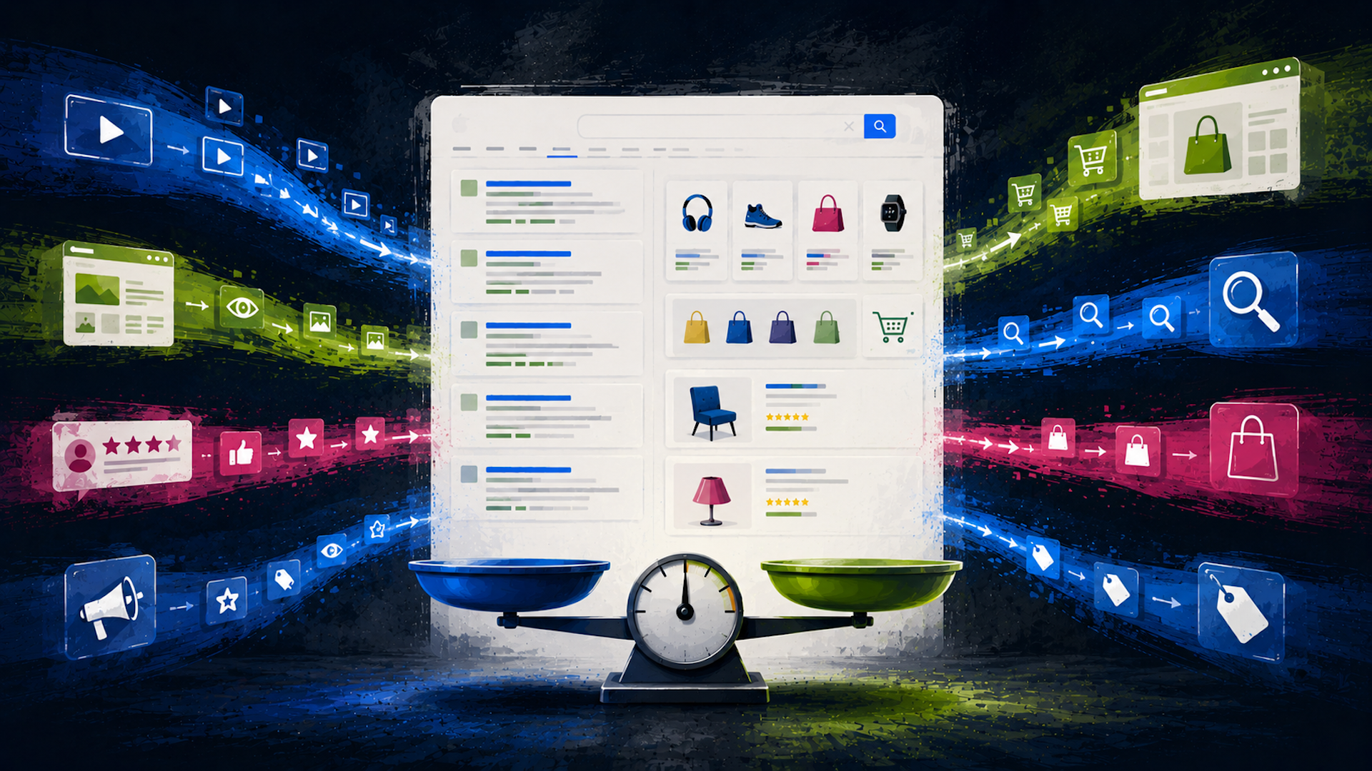 ```json
{
  "alt": "Illustration of digital marketplace with search results and balance scale representing competition.",
  "caption": "Exploring the dynamic digital marketplace, where balancing competitive forces is key to success.",
  "description": "This digital illustration depicts a search result page from an online marketplace, bordered by colorful arrows representing different digital marketing channels like social media and e-commerce. A balance scale sits beneath, symbolizing the equilibrium needed in digital marketing strategies. Keywords: digital marketing, search results, online marketplace, balance, competition."
}
```