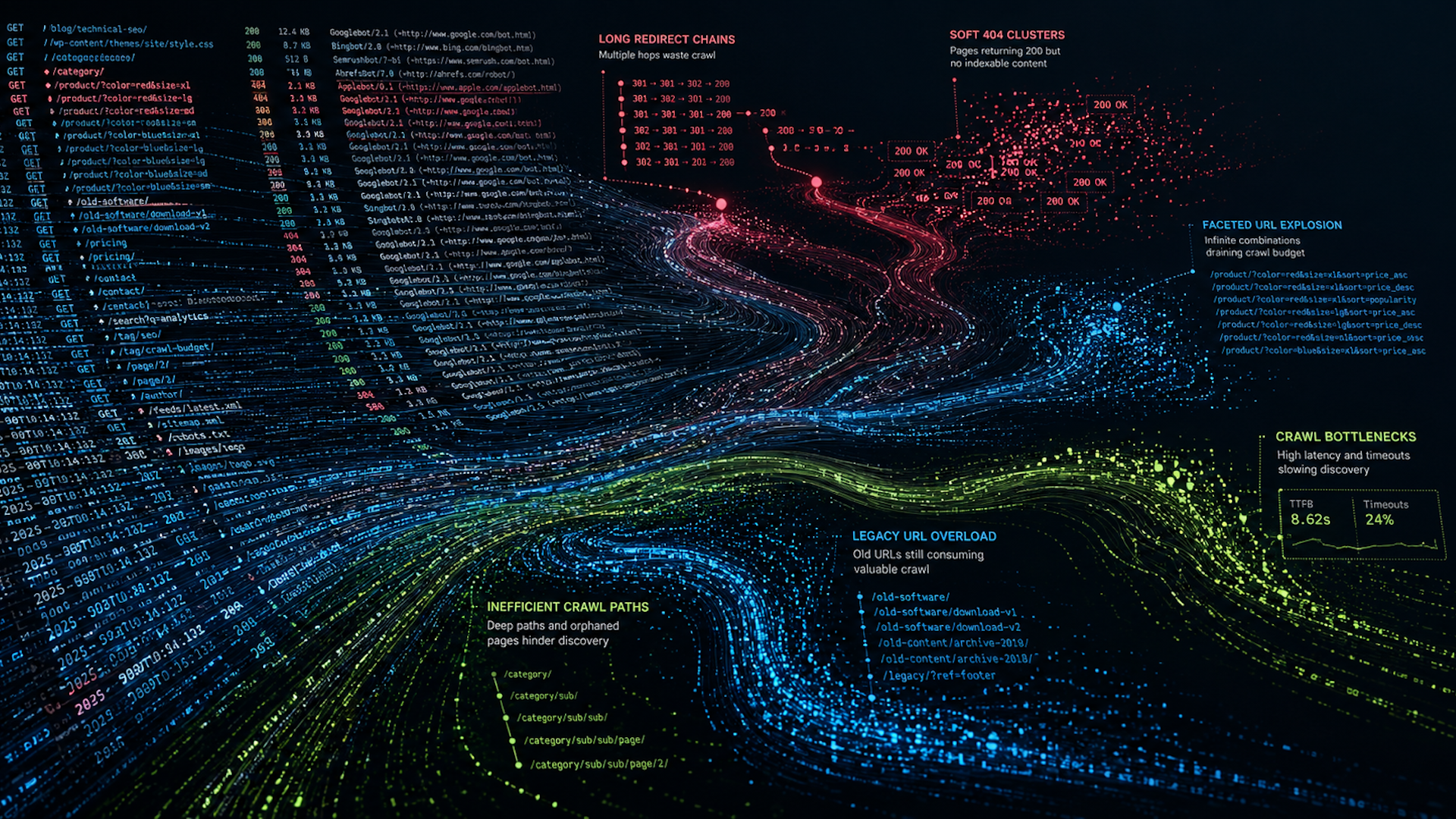 ```json
{
  "alt": "Data visualization showing website crawl paths and inefficiencies.",
  "caption": "A vibrant data visualization illustrates the complex landscape of website crawl paths, highlighting inefficiencies and optimization opportunities.",
  "description": "This image displays a sophisticated data visualization of website crawl paths, using colorful streams to illustrate issues like long redirect chains, soft 404s, and inefficient crawl paths. The visualization uses a dark background to accentuate red, blue, and green data paths, with annotations indicating crawl bottlenecks and legacy URL overloads. Key areas are noted with terms such as 'crawl bottlenecks' and 'faceted URL explosion', making it a rich source for SEO analysis and optimization strategies."
}
```