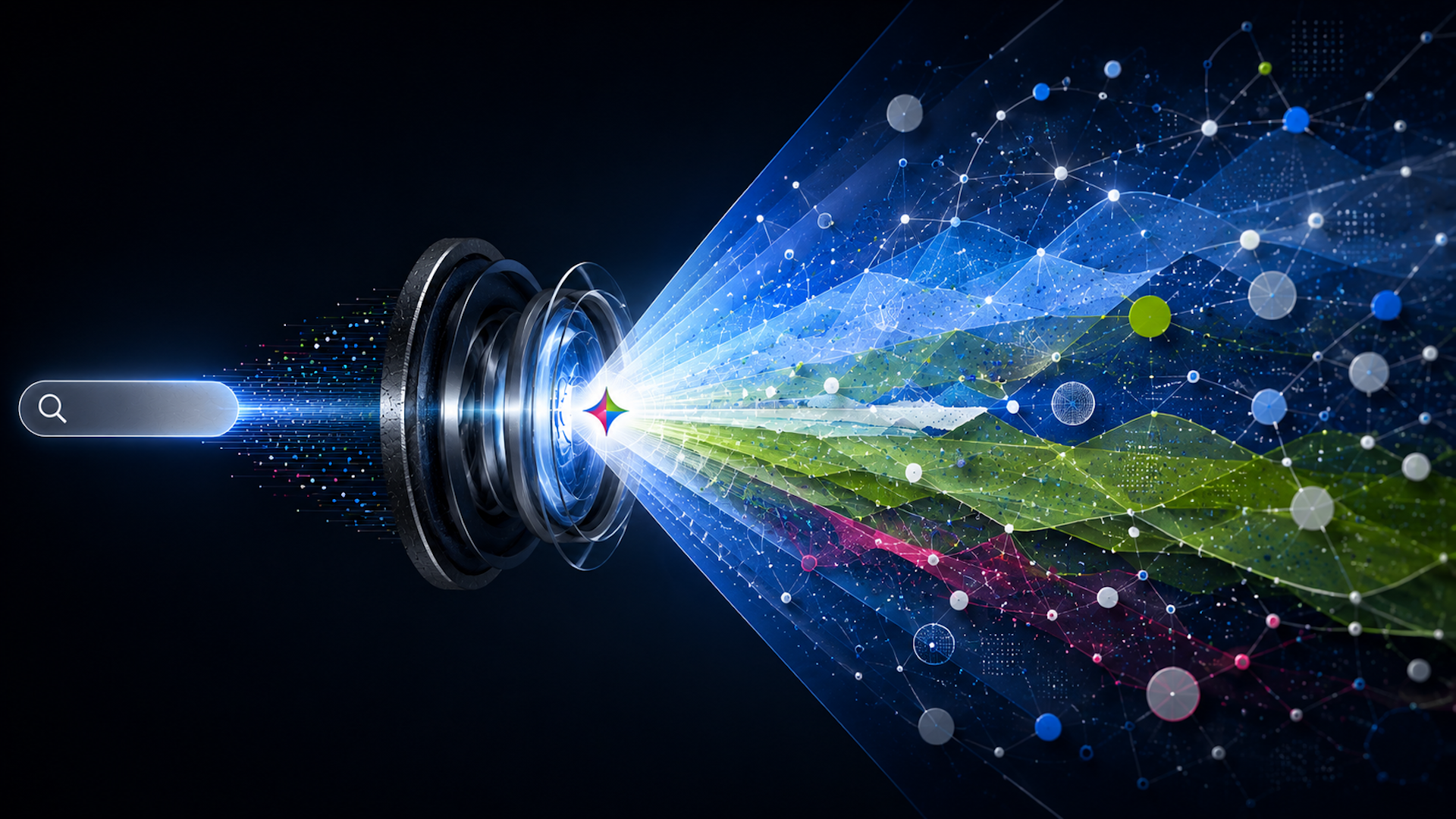 ```json
{
  "alt": "Abstract image of a search bar transforming into a colorful, geometric network pattern.",
  "caption": "From a simple search bar to a vibrant network, this image symbolizes the transformative power of technology.",
  "description": "This abstract image illustrates the evolution of information processing. A search bar on the left morphs into a multifaceted, colorful geometric pattern on the right, symbolizing data analysis and technological complexity. The network of interconnected nodes and colorful waves suggests connectivity and the flow of information, ideal for themes like digital innovation, big data, and AI development."
}
```
