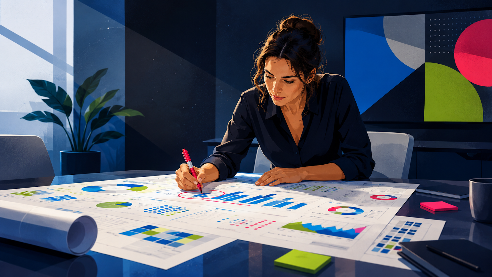 ```json
{
"alt": "Woman analyzing charts and graphs on a table in a modern office setting.",
"caption": "Focused and determined, she reviews complex data to gain strategic insights, her office bathed in natural light.",
"description": "A woman is intensely analyzing charts and graphs laid out on a large table in a modern, well-lit office. She holds a red marker, circling key points on the documents. Behind her, a digital screen displays colorful abstract designs, adding a contemporary touch. The setting includes a plant, coffee cup, and neatly arranged sticky notes, creating an environment conducive to focus and productivity. Keywords: data analysis, modern office, focus, productivity."
}
```