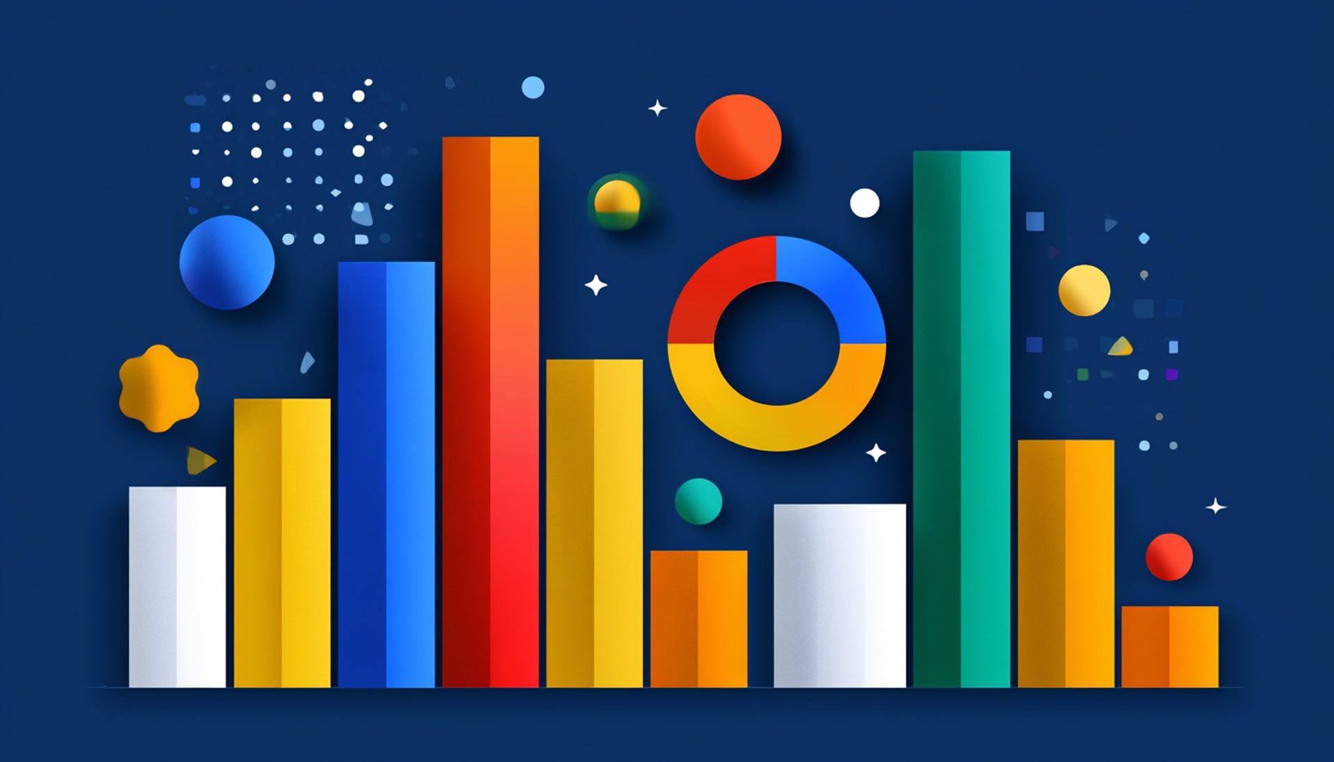 ```json
{
  "alt": "Abstract graphic showing colorful 3D bar charts and circular shapes on a blue background.",
  "caption": "Dive into data with this vibrant 3D abstract design, showcasing colorful bar charts and circular elements against a deep blue canvas.",
  "description": "This image presents a vibrant abstract illustration featuring a series of colorful 3D bar charts and circular shapes. The bars vary in height and color, including red, yellow, blue, green, and orange, while circular elements add depth and texture. The rich blue background enhances the contrast and modern aesthetic. This graphic is ideal for concepts related to data visualization, business analytics, and creative design."
}
```