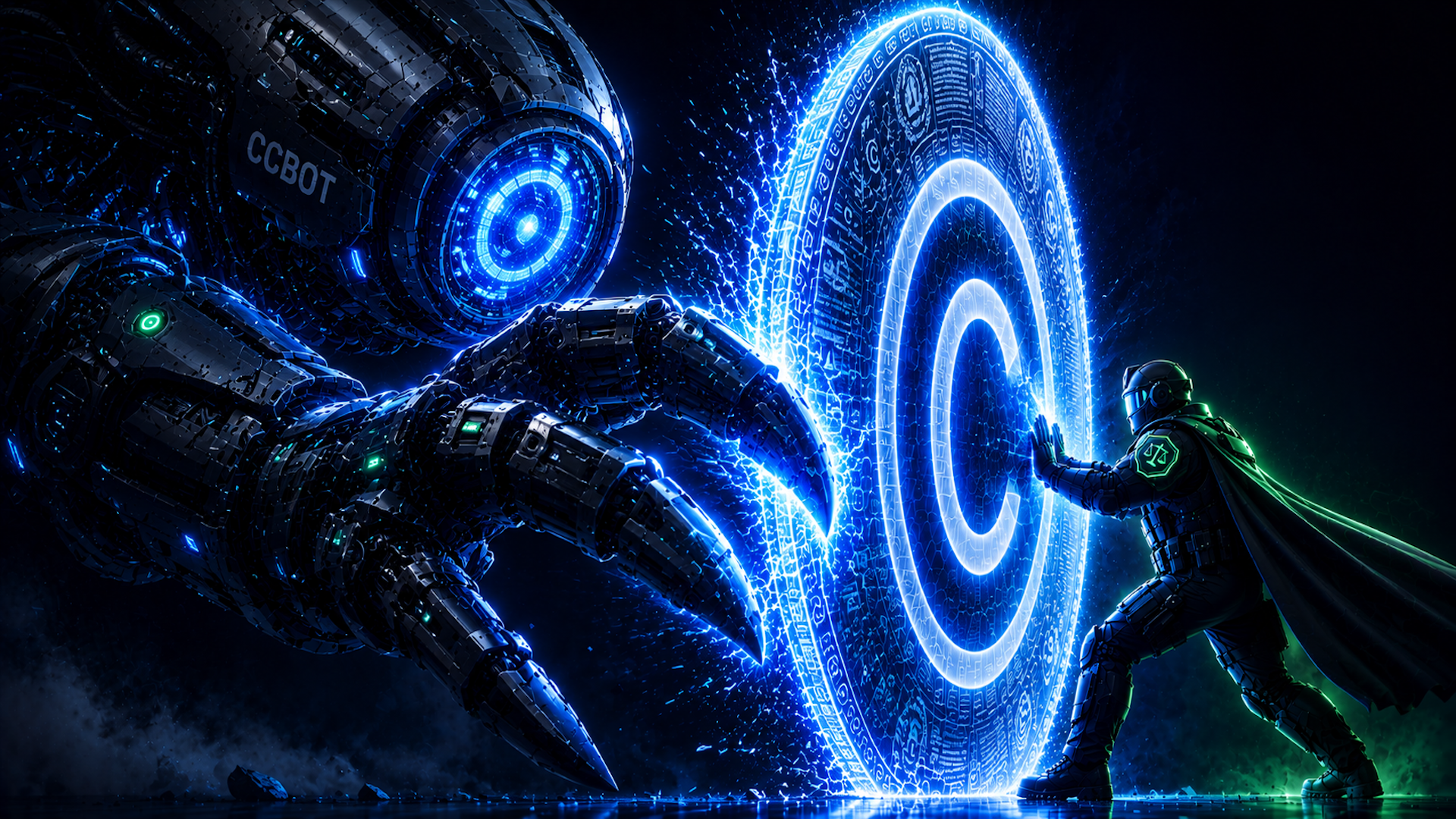 ```json
{
  "alt": "A futuristic warrior in armor faces a giant robotic hand, pressing against a glowing blue digital shield.",
  "caption": "In an epic standoff, a lone warrior confronts a colossal robotic adversary, shielded by a radiant digital barrier. Who will prevail in this high-tech showdown?",
  "description": "This digital artwork depicts a tense confrontation between a futuristic warrior and a massive robotic hand labeled 'CCBOT.' The warrior is clad in high-tech armor and stands behind a luminous blue shield with intricate digital patterns. The image captures a dramatic scene of technology and bravery set against a dark, atmospheric background. With themes of human versus machine, it offers a visual feast for lovers of sci-fi and cybernetic battles."
}
```