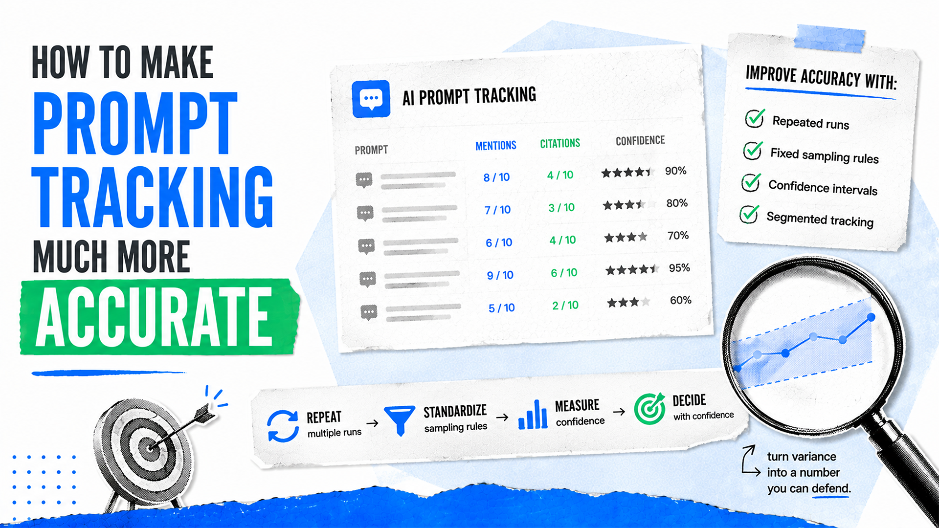 ```json
{
"alt": "Infographic on improving prompt tracking accuracy with AI, featuring metrics like mentions, citations, and confidence.",
"caption": "Boost your AI prompt tracking accuracy with structured strategies—repeated runs, fixed sampling, and confidence intervals to ensure reliable results.",
"description": "This infographic illustrates methods to enhance AI prompt tracking accuracy, including a table with data on mentions, citations, and confidence ratings. Tips for improvement encompass repeated runs, fixed sampling rules, confidence intervals, and segmented tracking. Visualization includes a target and magnifying glass with a rising graph, emphasizing systematic processes like repeating, standardizing, measuring, and decisive confidence building. Keywords: AI, prompt tracking, accuracy, data analysis."
}
```