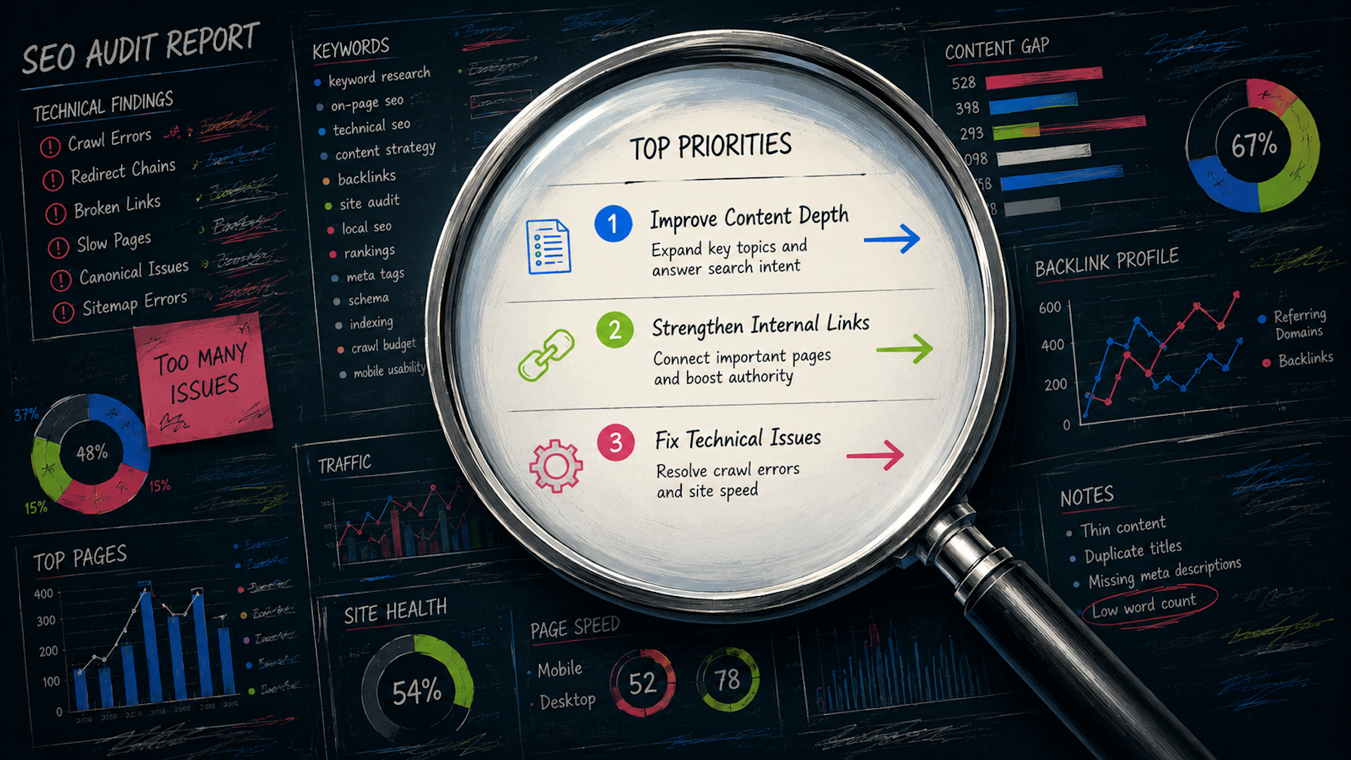 ```json
{
"alt": "SEO audit report highlighting top priorities including content depth, internal links, and technical issues with charts and graphs.",
"caption": "An insightful SEO audit report reveals major improvement areas. Prioritize enhancing content depth, strengthening internal links, and fixing technical issues.",
"description": "This image displays an SEO audit report with a focus on top priorities: improving content depth, strengthening internal links, and addressing technical issues. Charts and graphs provide a visual analysis of metrics like content gap, backlink profile, site health, and more. The report highlights areas such as crawl errors and redirect chains that require attention. Keywords like ranking, backlinks, and meta tags are emphasized for enhancing search performance."
}
```