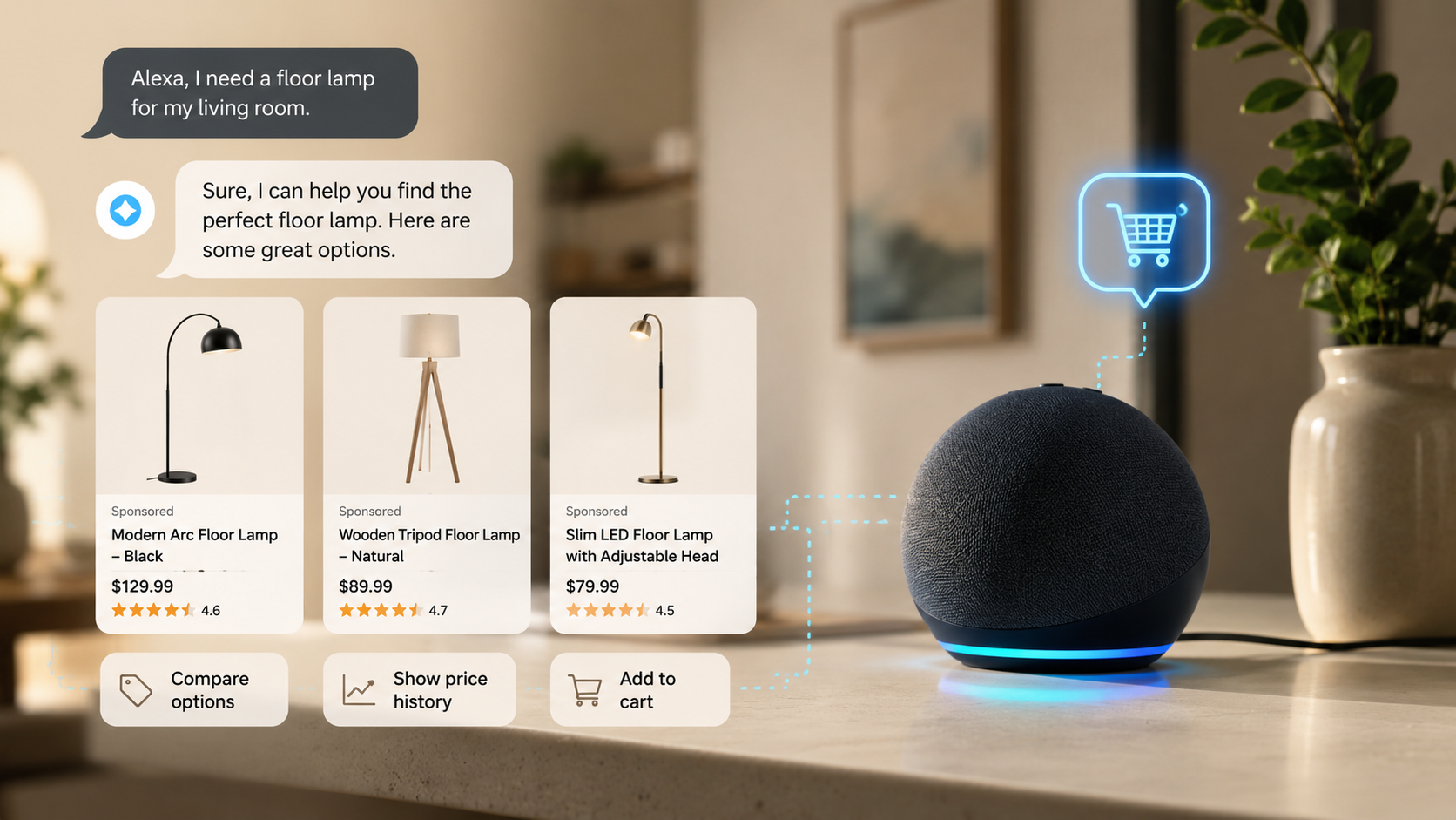 ```json
{
  "alt": "Voice assistant helping find floor lamps with three options displayed on screen.",
  "caption": "Elevate your space effortlessly with Alexa as your shopping assistant! Explore the perfect floor lamp for your living room with just a voice command.",
  "description": "The image shows a smart home setup where a voice assistant responds to a request for finding a floor lamp. Three lamp options are displayed: Modern Arc Floor Lamp, Wooden Tripod Floor Lamp, and Slim LED Floor Lamp, each with pricing and ratings. Icons below offer options to compare, check price history, and add to cart. The voice assistant, a spherical device with a glowing blue light, is on a countertop next to a plant, illustrating an interactive home shopping experience."
}
```