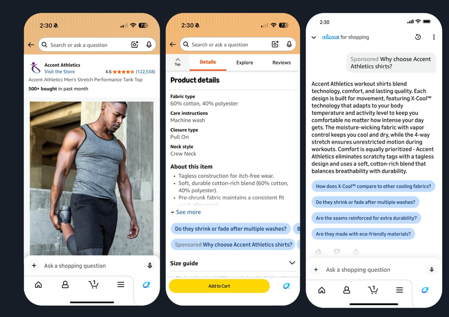 ```json
{
  "alt": "Mobile shopping interface showing a man wearing a grey performance tank top.",
  "caption": "Discover Accent Athletics' latest performance tank top, designed for comfort and durability. Perfect for intense workouts, this tank promises to keep you cool and unrestricted.",
  "description": "The image displays three mobile screens showcasing Accent Athletics' men's stretch performance tank top. The first screen highlights a model in a grey tank, with customer ratings and purchase details. The second screen details the product's fabric blend, care instructions, and features, emphasizing moisture-wicking technology and comfort. The final screen offers a Q&A section about the product's features, focusing on breathability, durability, and eco-friendliness. Ideal for fitness enthusiasts, the tank top combines style and functionality with advanced fabric technology. Keywords: performance tank top, Accent Athletics, workout gear, moisture-wicking."
}
```