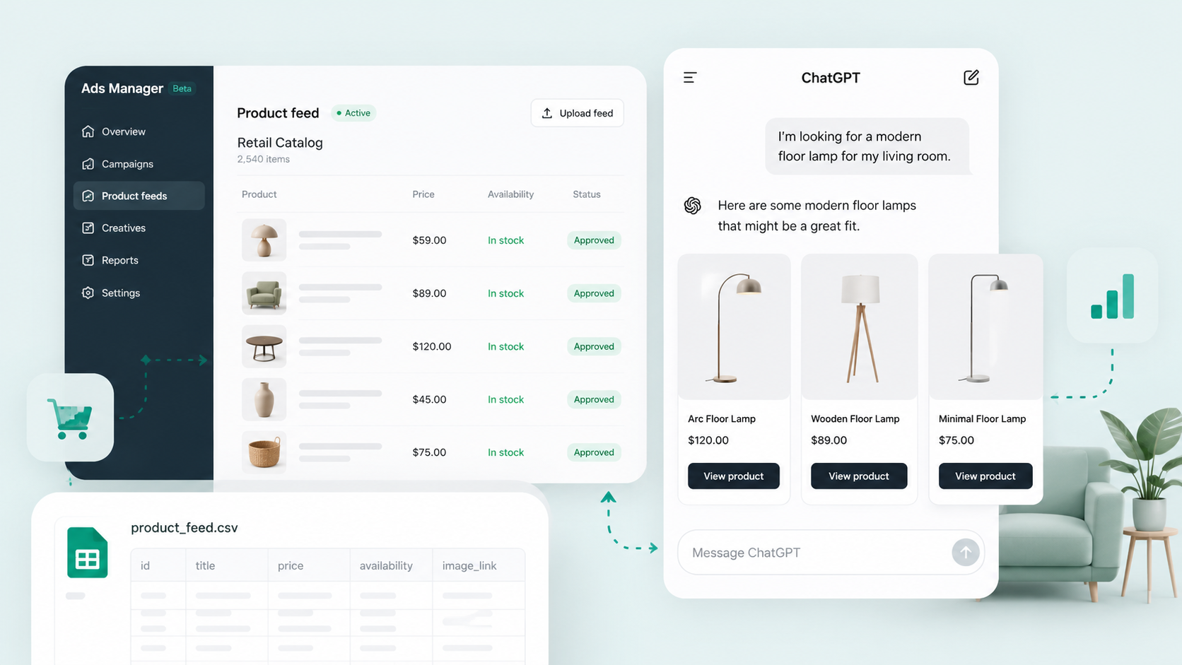 ```json
{
  "alt": "Ads Manager interface showing a product feed and ChatGPT suggesting floor lamps for purchase.",
  "caption": "Explore seamless integration with this Ads Manager interface, effortlessly merging product feeds with AI-driven recommendations for modern home decor shopping.",
  "description": "This image showcases an Ads Manager interface with an active product feed, featuring items such as furniture and lamps. On the right, a ChatGPT window displays a user query about floor lamps, with AI-generated product suggestions and prices. The interface highlights seamless e-commerce integration, enhancing user experience. Keywords: Ads Manager, product feed, ChatGPT, e-commerce, AI integration, product suggestions."
}
```