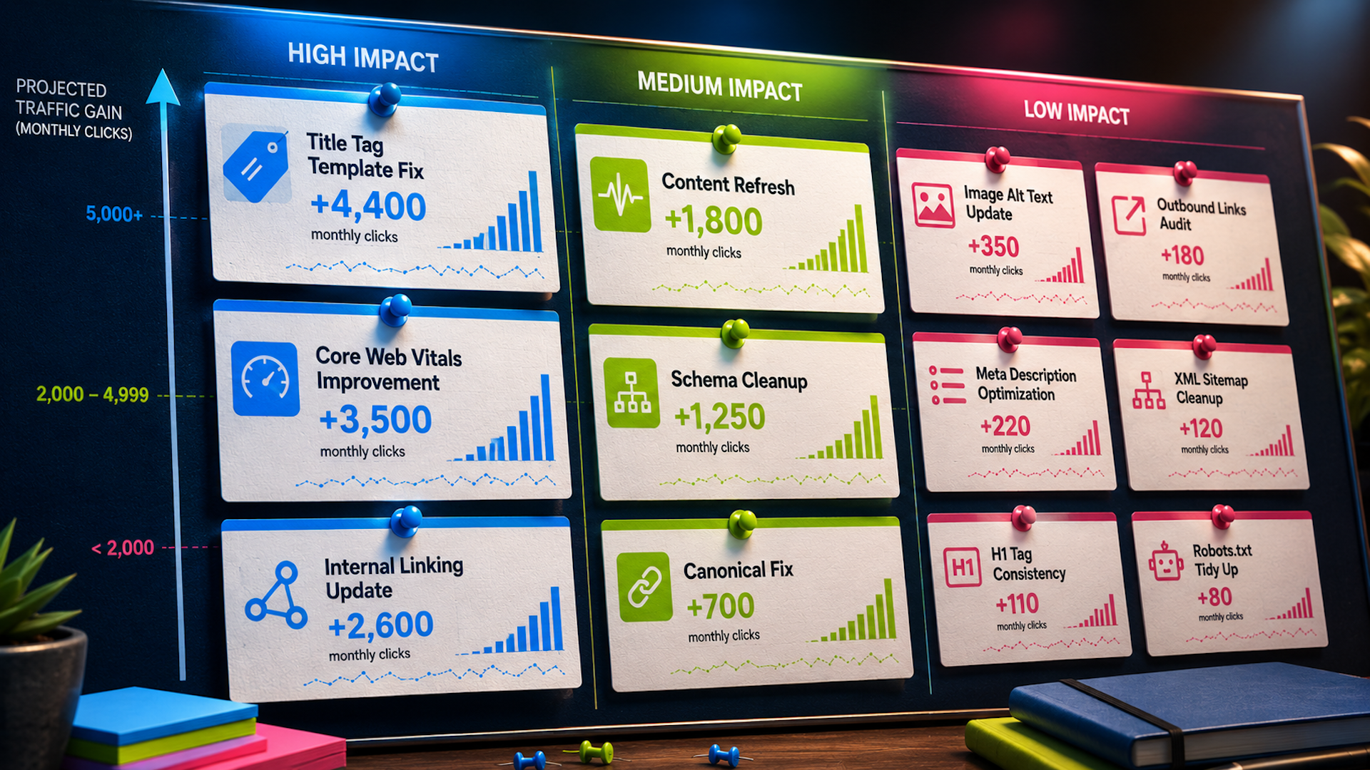 ```json
{
  "alt": "SEO impact board showing projected monthly traffic gains from various optimizations: high, medium, and low impact categories.",
  "caption": "Boost your site's performance! This board visualizes SEO tasks with projected traffic gains, highlighting high, medium, and low impact strategies.",
  "description": "This image displays a detailed SEO impact board with tasks categorized by their projected monthly traffic gains. The board is divided into high, medium, and low impact actions, each represented on index cards pinned to the board. High impact tasks like 'Title Tag Template Fix' and 'Core Web Vitals Improvement' offer over 2,000 clicks, while medium and low impact actions like 'Content Refresh' and 'Image Alt Text Update' offer fewer clicks. The setup includes colorful pins and is located on a wooden desk with stationery and plants for added context."
}
```
