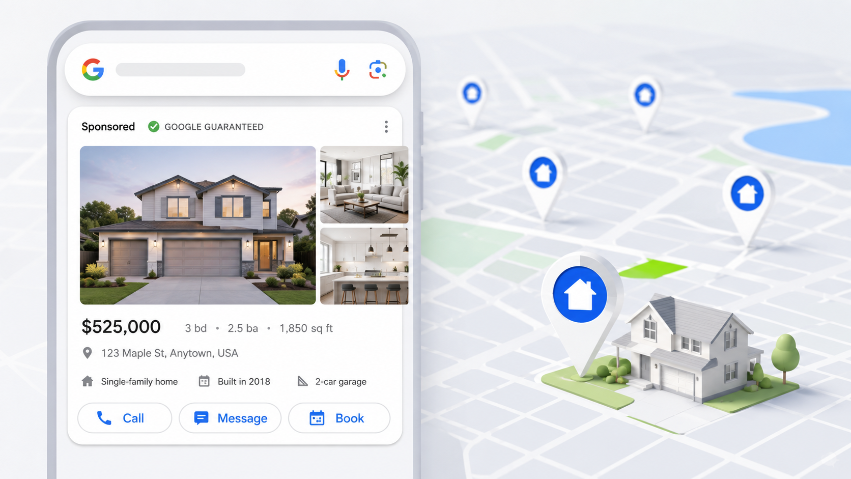 ```json
{
  "alt": "Smartphone displaying real estate listing with map and house icons.",
  "caption": "Discover your dream home with ease using an innovative real estate search tool, blending modern listings with interactive mapping.",
  "description": "Image of a smartphone screen displaying a real estate listing for a single-family home priced at $525,000. The listing includes details such as number of bedrooms, bathrooms, square footage, and features like a two-car garage. The background shows a stylized map with house icons, symbolizing available properties. This image exemplifies a user-friendly digital approach to house hunting, integrating modern design with essential information to enhance your real estate search experience."
}
```