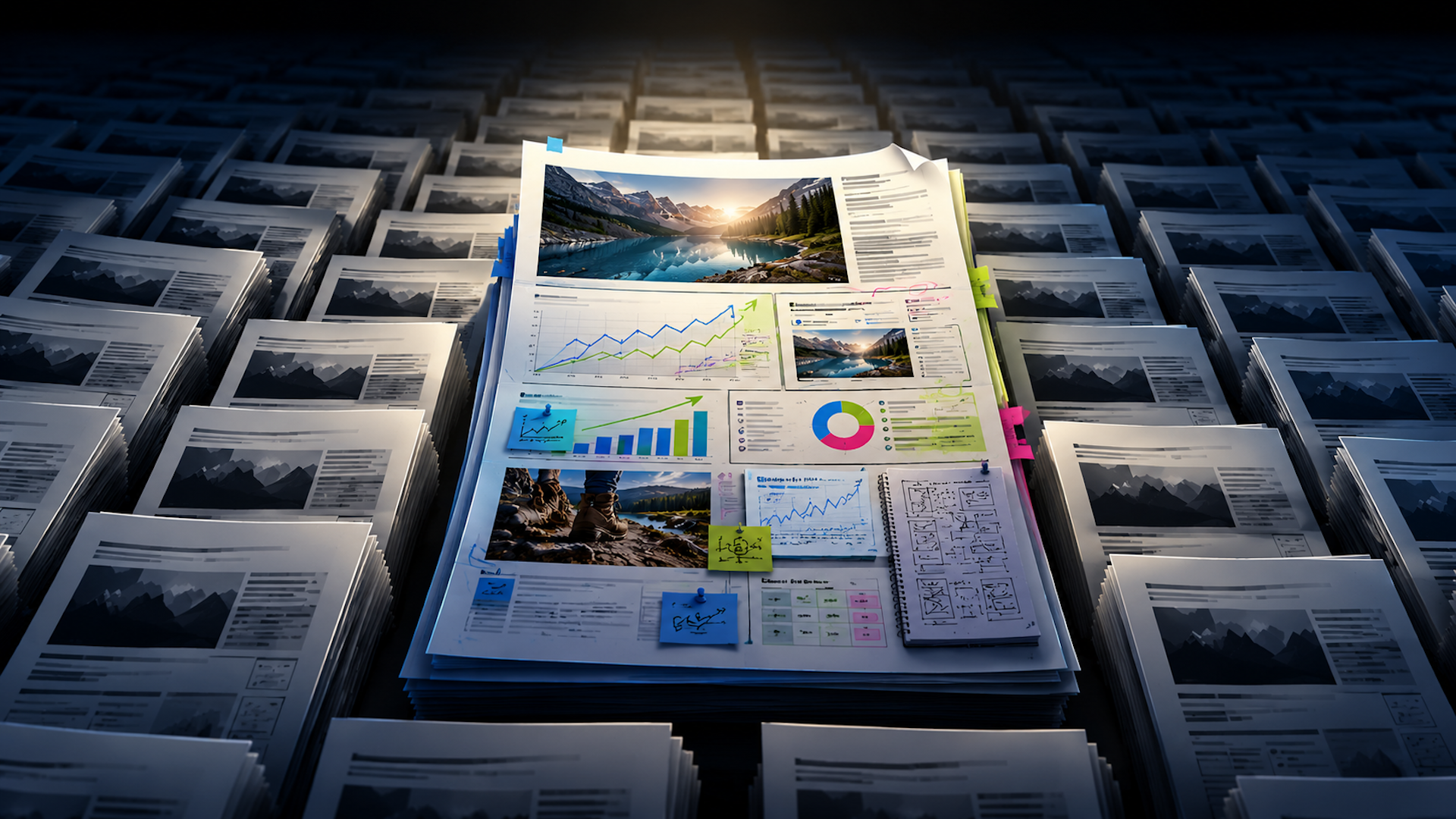 ```json
{
  "alt": "Highlighted report with colorful graphs and charts among stacks of grayscale documents.",
  "caption": "Amidst a sea of grayscale, a vibrant report bursts with colorful data and captivating visuals.",
  "description": "This image shows a vibrant and complex report placed conspicuously among numerous stacks of grayscale documents. The highlighted report features colorful graphs, charts, and images, suggesting significant data insights. The scene is lit dramatically, emphasizing the detailed visual elements of the report, set against the backdrop of uniformly colored documents. Keywords: report, data visualization, graphs, charts, documents."
}
```