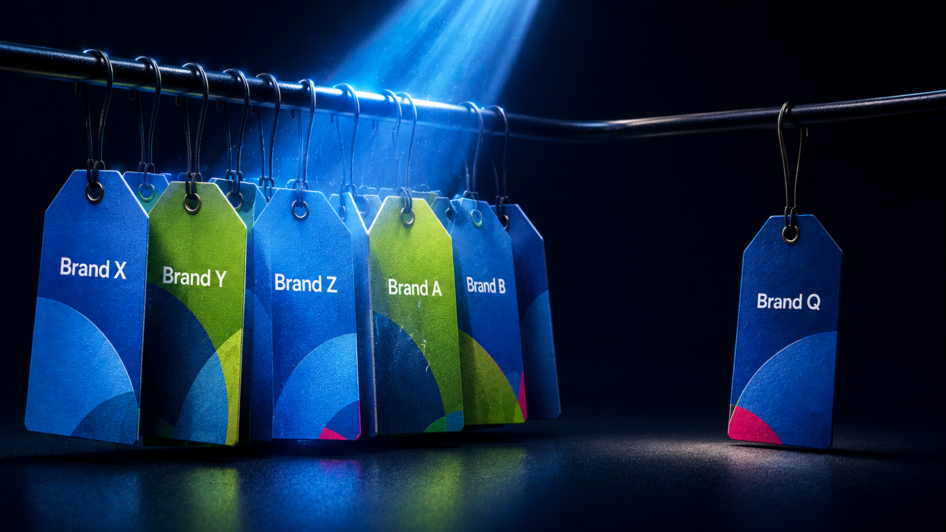 ```json
{
"alt": "A row of colorful brand tags on a rack with one separate tag highlighted by light.",
"caption": "Spotlighting individuality in branding as a single tag hangs apart, basked in a beam of vibrant light.",
"description": "This image features a series of colorful brand tags hanging on a rack against a dark background. Labels such as Brand X, Brand Y, Brand Z, Brand A, and Brand B are grouped together, while Brand Q is separated and highlighted by a bright blue light. The tags have a modern design with bold colors and simple text, ideal for conveying concepts of individuality, standout branding, and marketing. Perfect for use in advertising, business presentations, or marketing materials."
}
```