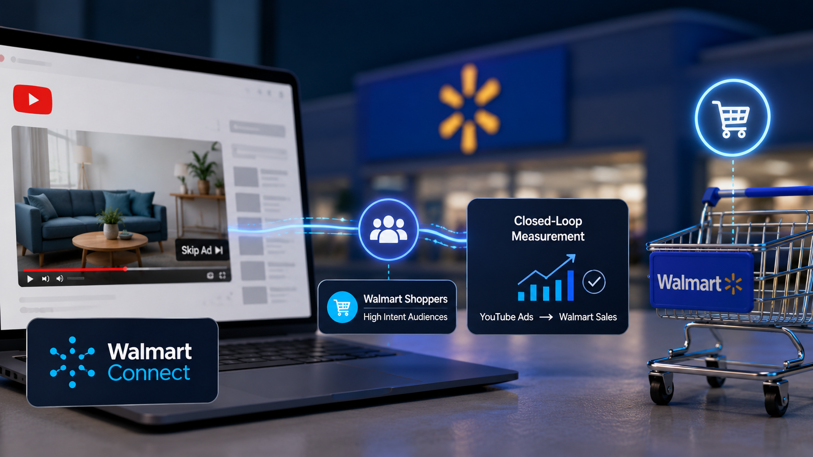 ```json
{
  "alt": "Laptop displaying a video ad with Walmart Connect graphics linking to a shopping cart and sales chart.",
  "caption": "Discover the power of Walmart Connect, bridging YouTube ads to tangible sales with high intent shopper insights.",
  "description": "This image showcases Walmart Connect's closed-loop measurement system, linking a laptop with a video ad to a shopping cart and sales analytics chart. The Walmart Connect logo is prominently displayed, illustrating its capability to target high intent audiences and drive sales through YouTube advertising. The setup conveys the integration of digital marketing and physical sales performance, emphasizing effective advertising strategies."
}
```