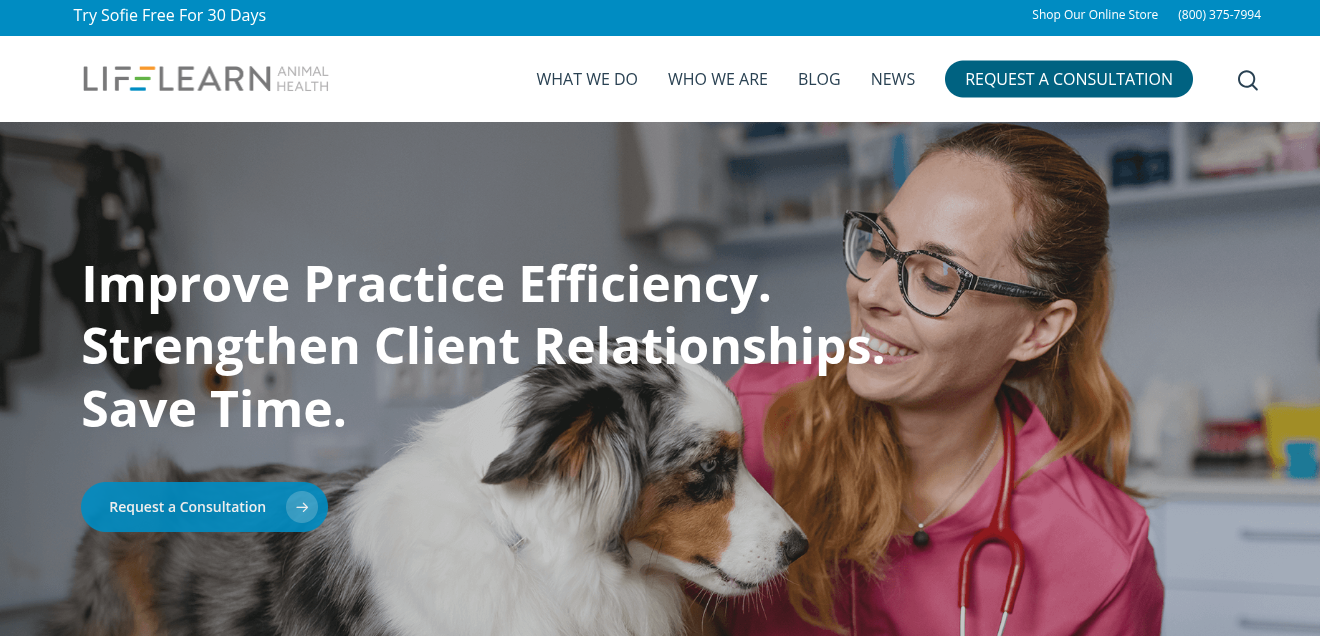 ```json
{
  "alt": "Veterinarian smiling at a dog in an animal health clinic setting.",
  "caption": "A caring veterinarian connects with her furry patient, promoting practice efficiency and strong client relationships.",
  "description": "The image shows a veterinarian wearing glasses and a pink lab coat, smiling at a dog in a clinical environment. Text overlay includes phrases like 'Improve Practice Efficiency,' 'Strengthen Client Relationships,' and 'Save Time.' The top header of the image displays the LifeLearn Animal Health logo, and a call-to-action button reads 'Request a Consultation.' This image is designed to highlight veterinary practice improvement and client engagement, serving as a promotional banner."
}
```