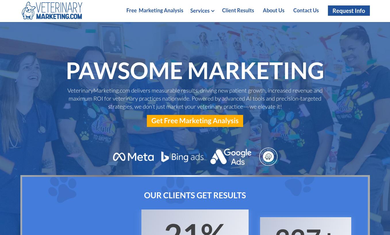 ```json
{
  "alt": "VeterinaryMarketing.com homepage with 'Pawsome Marketing' slogan and marketing service details.",
  "caption": "Discover 'Pawsome Marketing' with VeterinaryMarketing.com, offering innovative strategies to boost your veterinary practice's success!",
  "description": "The homepage of VeterinaryMarketing.com showcases their 'Pawsome Marketing' initiative, aimed at elevating veterinary practices with advanced AI tools and targeted strategies. The image includes a joyful team environment and highlights partnerships with Meta, Bing ads, and Google Ads. A prominent call-to-action button invites users to get a free marketing analysis, emphasizing the company's commitment to driving growth and ROI for clients."
}
```