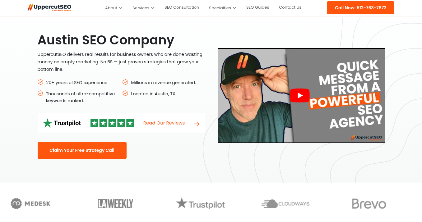 ```json
{
  "alt": "UppercutSEO landing page showing services, Trustpilot rating, and a video about their SEO expertise.",
  "caption": "Explore UppercutSEO's proven strategies to boost your business with over 20 years of experience. Check out their impressive Trustpilot reviews!",
  "description": "This image is a screenshot of UppercutSEO's landing page. It highlights their extensive SEO services, mentioning over 20 years of experience and millions in revenue for clients. The page features a Trustpilot rating widget and a YouTube video that promises a 'Quick Message from a Powerful SEO Agency.' The call to action encourages users to claim a free strategy call. Located in Austin, TX, UppercutSEO prides itself on ranking competitive keywords and delivering real results."
}
```
