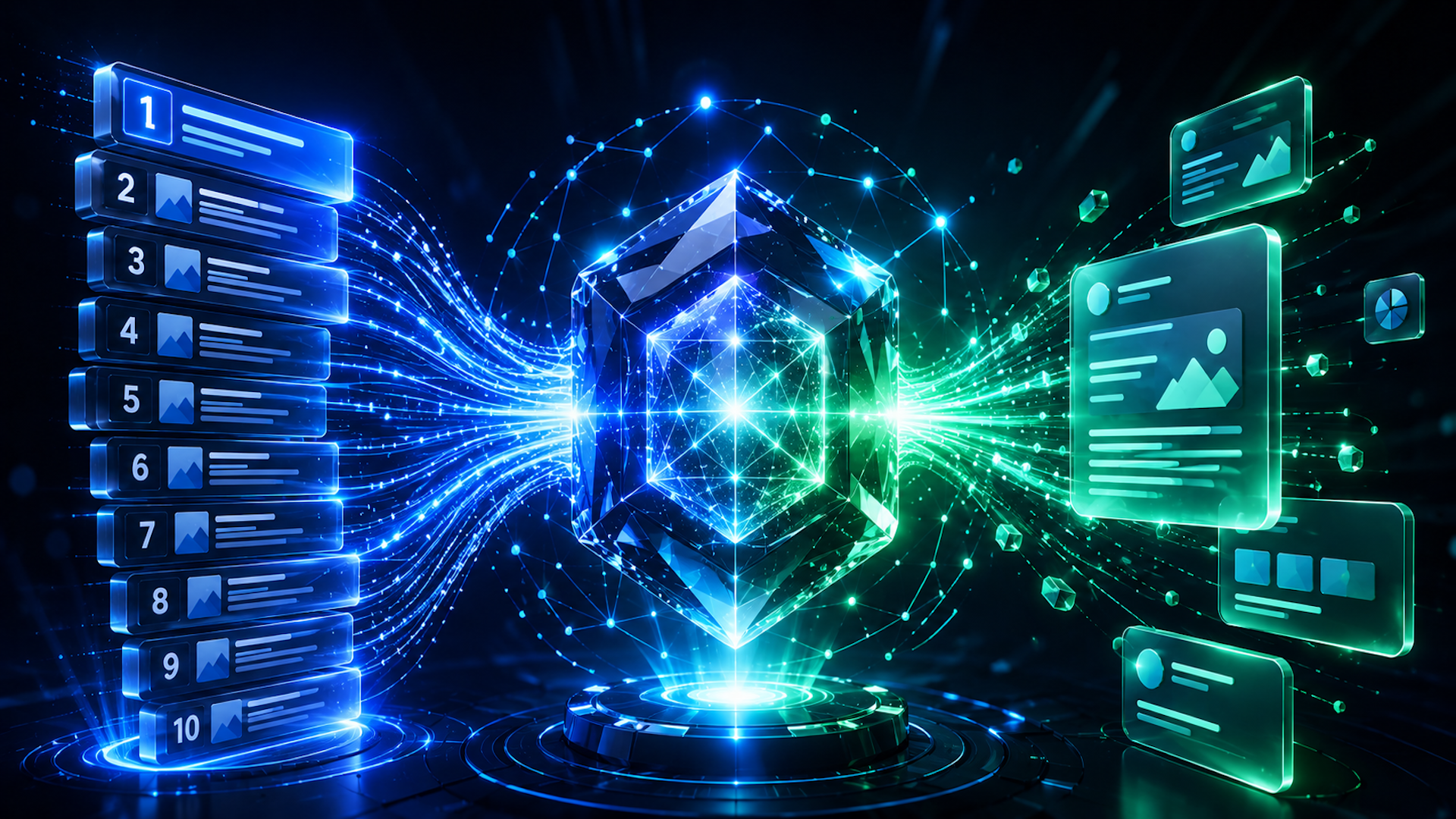 ```json
{
"alt": "Futuristic digital interface showing a glowing cube with data streams and holographic screens.",
"caption": "Dive into the digital realm with this mesmerizing depiction of a futuristic interface, where data flows seamlessly through a luminous cube.",
"description": "This image showcases a high-tech futuristic digital interface, centered around a glowing cube emitting vibrant blue and green light. Streaming data sequences flow into holographic screens displaying graphs and user interfaces. The aesthetic combines elements of technology, innovation, and data visualization, making it ideal for concepts related to digital transformation, big data, and cybersecurity. The luminous effects and dynamic composition enhance its visual appeal and thematic relevance."
}
```