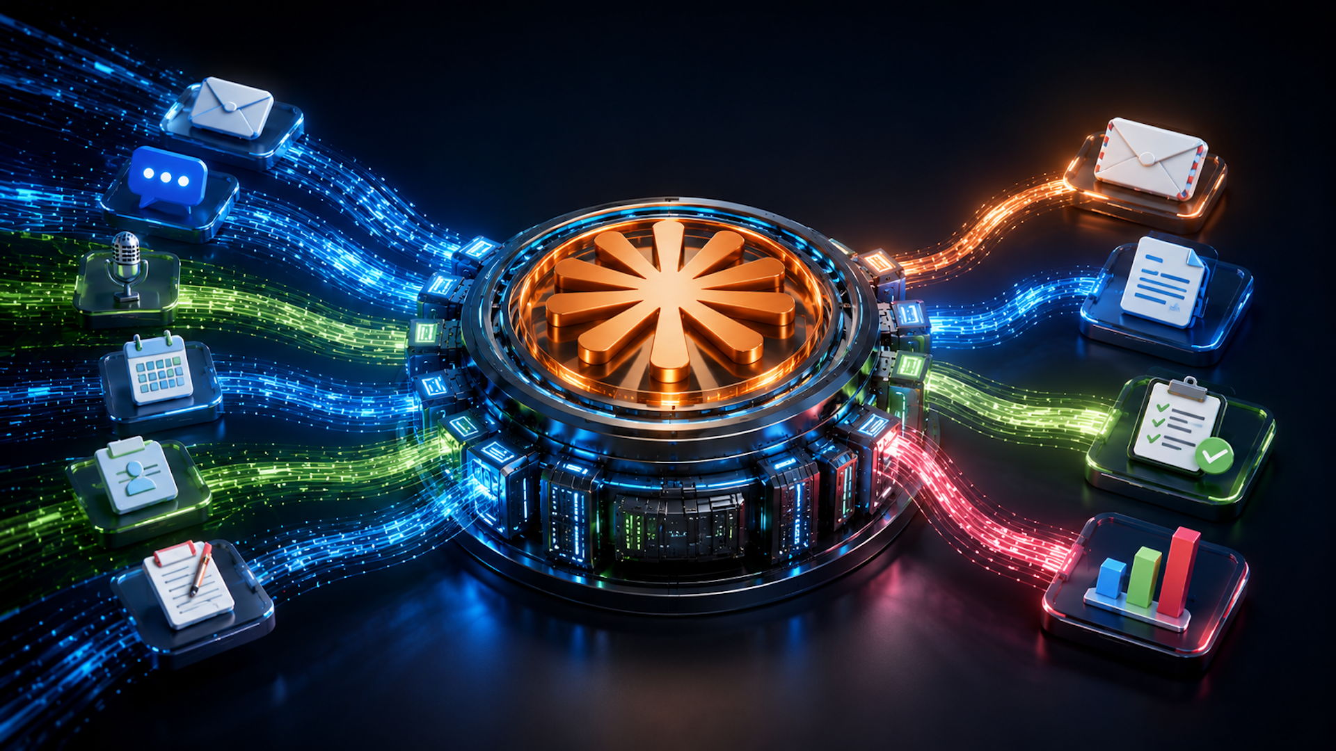 ```json
{
"alt": "Futuristic digital hub with colorful data streams connecting diverse icons like email, chat, and tasks.",
"caption": "A mesmerizing digital hub channels streams of information to various applications, symbolizing seamless data integration in a tech-driven world.",
"description": "This image depicts a futuristic digital hub at the center, surrounded by colorful, luminous data streams flowing in multiple directions. Connected to these streams are various icons, such as email, chat, microphone, calendar, document, checklist, and bar chart. The design emphasizes connectivity and integration, suggesting a network of applications working harmoniously. Set against a dark background, the vibrant colors highlight the dynamic flow of data. Keywords: digital hub, data integration, connectivity, technology."
}
```