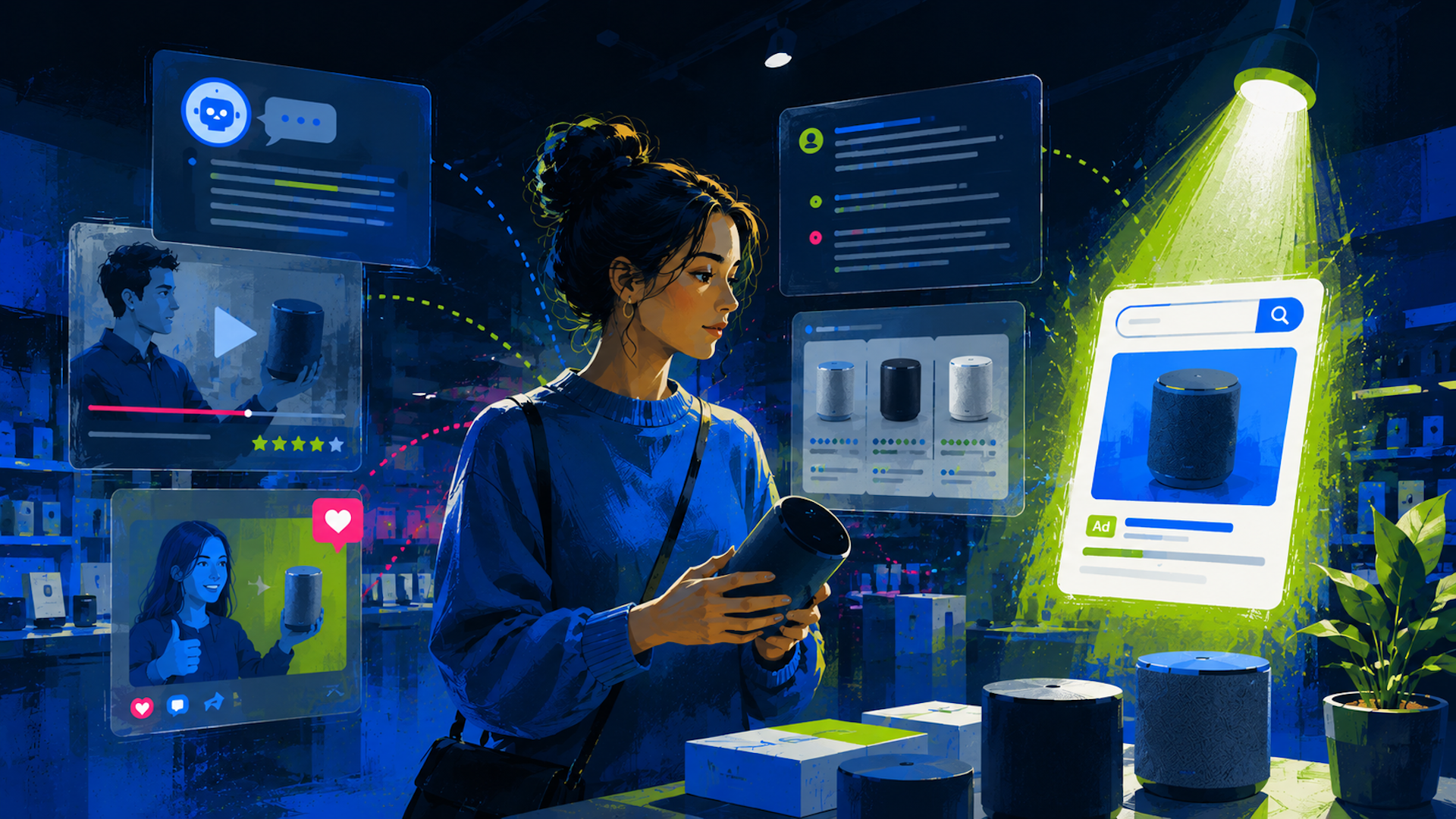 ```json
{
"alt": "Woman in store evaluating a smart speaker with digital reviews and holographic interfaces around her.",
"caption": "In a tech-savvy environment, a woman explores smart speakers, guided by virtual reviews and interactive displays, sparking her decision-making process.",
"description": "A woman stands in a modern store, examining a smart speaker. Surrounding her are digital holographic interfaces displaying product reviews, videos, and social media reactions. The setting is illuminated with colorful, futuristic lighting, emphasizing technology and consumer engagement. This scene captures the blend of physical and digital experiences in contemporary shopping, highlighting the impact of digital reviews and interactive technology on purchasing decisions."
}
```
