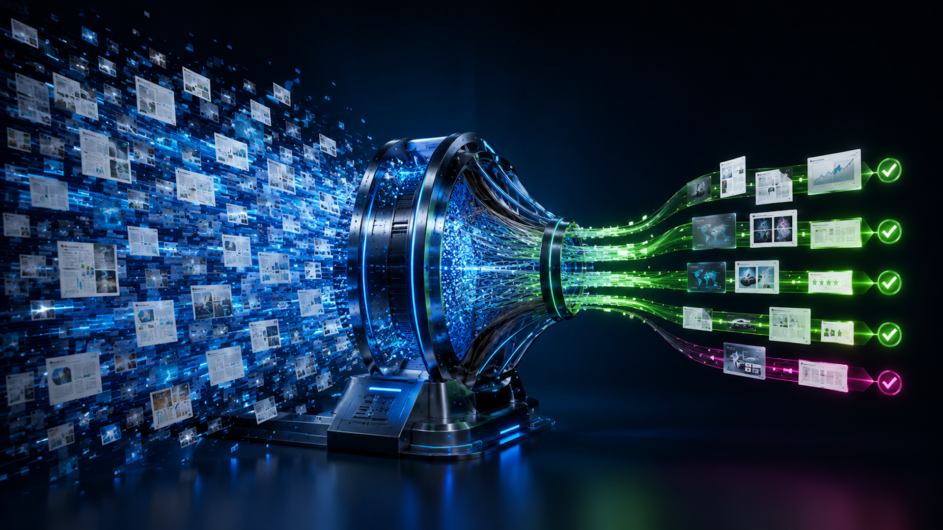 ```json
{
"alt": "Abstract digital funnel illustrating data transformation with blue digital pages streamlining into organized green sections.",
"caption": "Witness the digital transformation as chaotic data is streamlined into organized, efficient pathways, showcasing the power of technology.",
"description": "This image portrays an abstract digital funnel transforming a chaotic array of blue digital pages into organized green sections. The funnel symbolizes data processing and refinement, highlighting the efficiency and power of modern technology. The scattered documents on the left represent raw data, which is channeled through a futuristic mechanism, emerging as structured information on the right. Keywords: data processing, digital transformation, technology, organization."
}
```