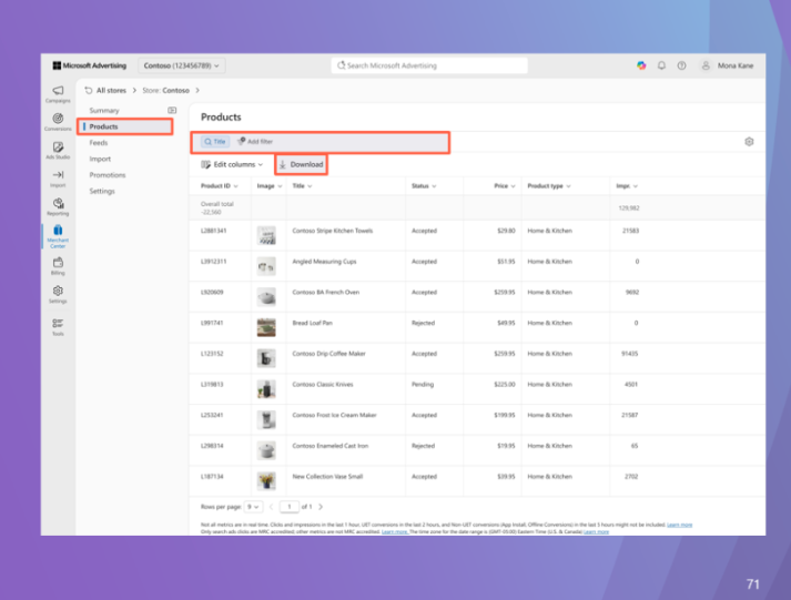 ```json
{
  "alt": "Product listing page in Microsoft Advertising showing product details like ID, image, title, status, price, and impressions.",
  "caption": "Explore the Microsoft Advertising product listing page, showcasing various home and kitchen items with detailed status and pricing information.",
  "description": "This image displays a product listing page from Microsoft Advertising, featuring items such as kitchen towels and coffee makers. The table includes columns for product ID, image thumbnails, titles, statuses (accepted, pending, rejected), prices, and impressions. The interface allows for filtering, editing columns, and downloading data, ideal for online retail management. Keywords: Microsoft Advertising, product listing, home and kitchen, pricing, status, impressions."
}
```