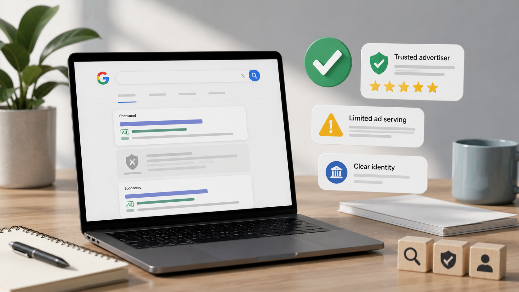 ```json
{
  "alt": "Laptop displaying Google search ads, surrounded by badges indicating advertiser trustworthiness and ad limitations.",
  "caption": "Exploring digital advertising transparency, this image shows a laptop with Google search ads and related icons emphasizing trust and ad limitations.",
  "description": "The image features a laptop on a desk displaying Google search ads with indicators for sponsored content. Floating icons around the laptop include a green checkmark symbolizing 'Trusted advertiser' with a star rating, a yellow warning sign for 'Limited ad serving,' and a blue building icon for 'Clear identity.' There are also wooden blocks with icons for search, safety, and user identity, alongside a plant, pen, and mug. This setup illustrates themes of digital advertising transparency and credibility."
}
```