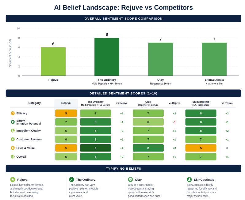 ```json
{
  "alt": "Comparison chart of sentiment scores for Rejuve, The Ordinary, Olay, and SkinCeuticals serums.",
  "caption": "Discover how Rejuve stacks up against popular competitors like The Ordinary, Olay, and SkinCeuticals in this sentiment score analysis.",
  "description": "This image displays a comparison chart titled 'AI Belief Landscape: Rejuve vs Competitors'. It showcases overall sentiment scores for four skincare serums: Rejuve (6), The Ordinary Multi-Peptide + HA Serum (8), Olay Regenerist Serum (7), and SkinCeuticals H.A. Intensifier (7). Detailed scores are provided for categories like efficacy, safety, ingredient quality, customer reviews, and price. The chart includes typifying beliefs and highlights that The Ordinary leads with positive reviews and great value. Keywords: skincare, sentiment analysis, product comparison."
}
```