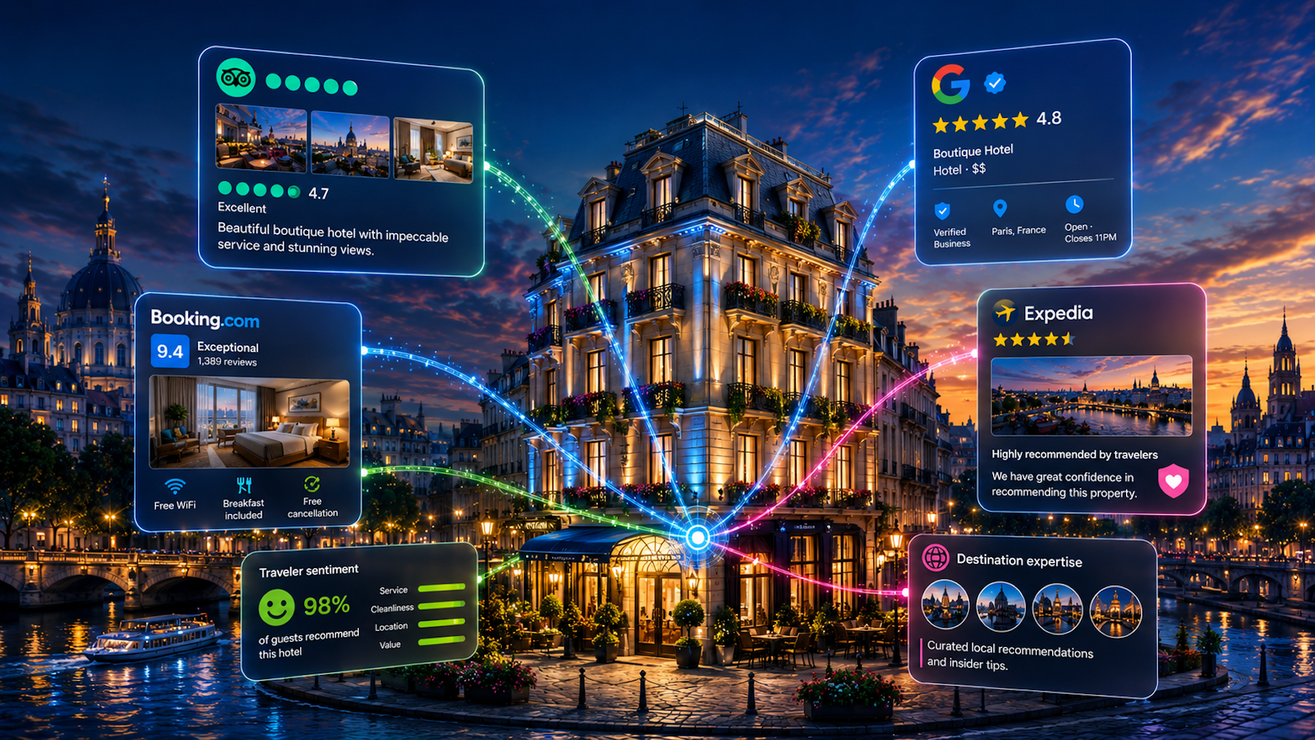 ```json
{
  "alt": "Elegant hotel in cityscape with digital reviews overlay from various booking platforms.",
  "caption": "Discover the perfect stay with top-rated reviews and expert recommendations lighting up a picturesque hotel scene.",
  "description": "This image showcases a luxurious boutique hotel in an enchanting cityscape at dusk. Illuminated overlays display high ratings and glowing reviews from platforms like Google, Booking.com, and Expedia. The visual highlights traveler satisfaction and recommendations, enhancing the appeal of this elegant destination. Keywords include hotel reviews, travel ratings, boutique hotel, online recommendations, and cityscape."
}
```