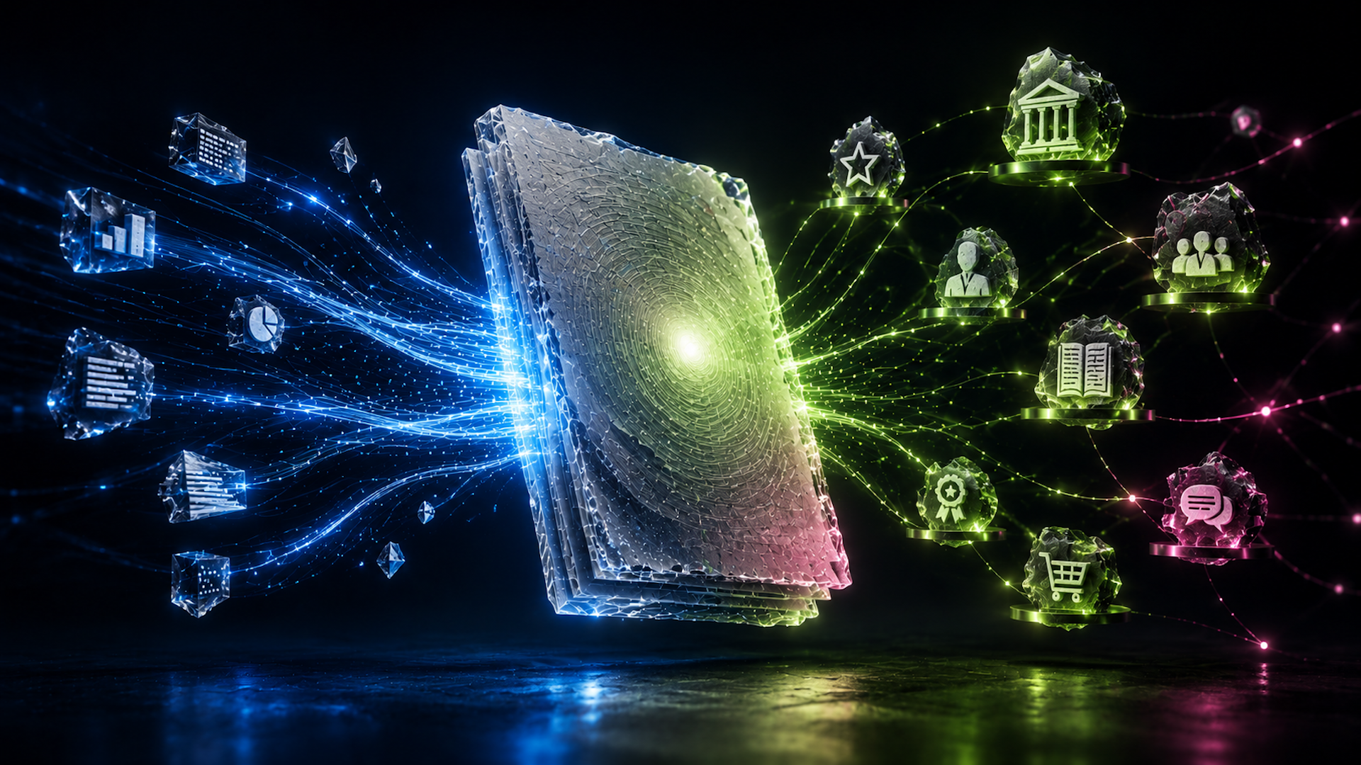 ```json
{
  "alt": "Futuristic digital book with data streams and icons representing knowledge and connectivity.",
  "caption": "A digital book at the heart of an interconnected network of data and icons, symbolizing the future of knowledge sharing.",
  "description": "This image depicts a futuristic digital book surrounded by dynamic blue and green data streams connecting various icons, including a star, a building, people, charts, and a shopping cart. The glowing centerpiece embodies the idea of interconnected information networks and knowledge sharing in a digital age. Its vibrant colors and intricate design highlight the fusion of technology and information."
}
```