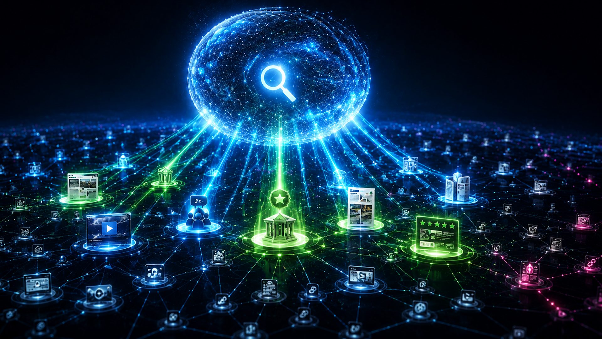 ```json
{
  "alt": "Digital landscape with network of connected nodes and a large search icon in the center, symbolizing information retrieval.",
  "caption": "Explore the digital web of interconnected data, where information flows seamlessly through a network of vibrant pathways.",
  "description": "This image illustrates a digital network landscape illuminated with vibrant blue, green, and pink colors. At the center is a large search icon, symbolizing data retrieval amidst a web of interconnected nodes. The graphic represents the complexity and vastness of digital information systems, showcasing various icons like documents, buildings, and media to imply diverse data types and sources within the network. Ideal for themes of big data, technology, and information systems."
}
```