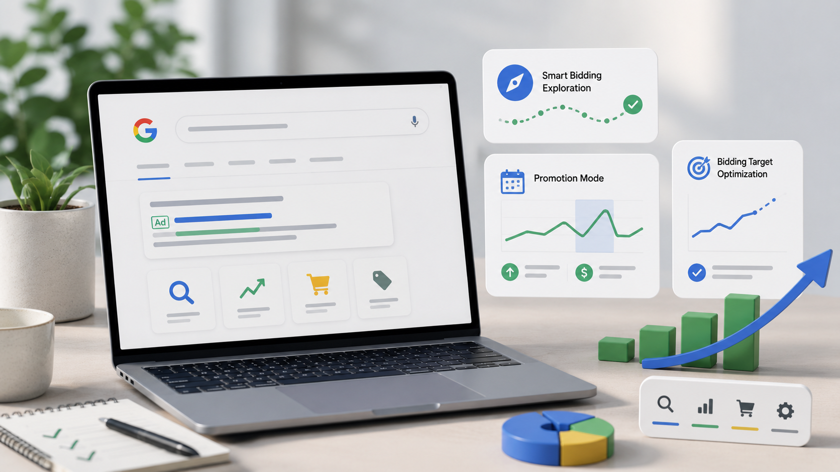 ```json
{
  "alt": "Laptop displaying Google ad performance dashboard with analytics and smart bidding options.",
  "caption": "Unlock the power of digital advertising with Google’s intuitive ad dashboard and advanced bidding strategies.",
  "description": "A modern workspace shows a laptop featuring a Google ad performance dashboard, emphasizing smart bidding, promotion mode, and bidding target optimization. Surrounding the laptop are various charts and icons related to online marketing analytics. The imagery includes potted plants and office supplies, conveying a productive digital marketing environment. Keywords: Google ads, digital marketing, smart bidding, analytics, performance dashboard."
}
```