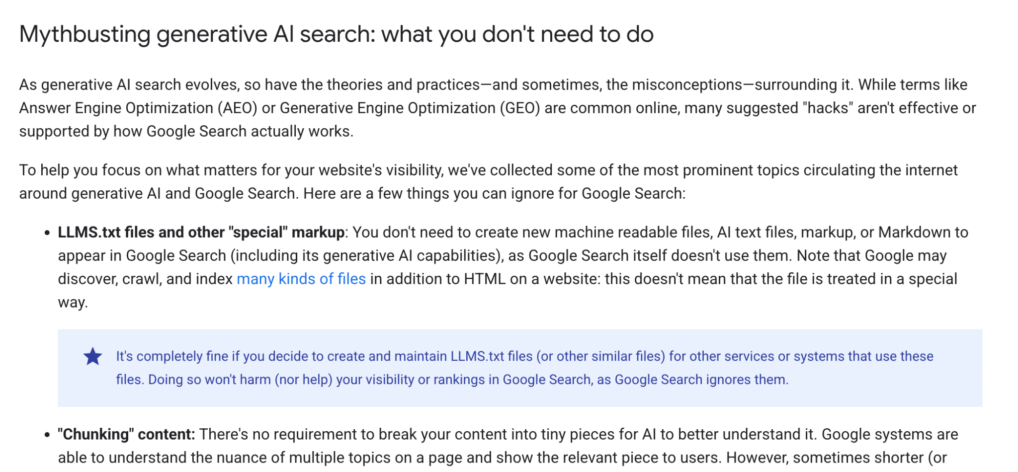 ```json
{
  "alt": "Text about mythbusting generative AI search and Google Search practices.",
  "caption": "Explore common misconceptions around generative AI search. Discover what’s unnecessary for optimizing your website in Google’s eyes!",
  "description": "This image discusses the evolving landscape of generative AI search and debunks common myths related to Google Search optimization. It highlights unnecessary practices such as creating special AI-readable files or chunking content into small pieces. The emphasis is on the irrelevance of LLMS.txt files in Google's ranking process. Key insights help to debunk misconceptions about search engine visibility and optimization tactics."
}
```