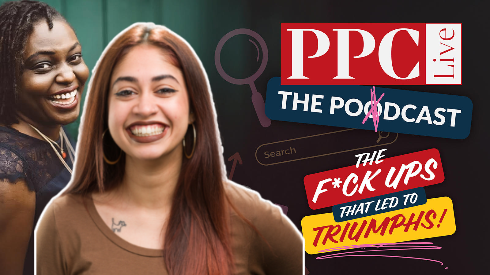 ```json
{
"alt": "Two smiling women with text about a podcast titled 'PPC Live' discussing mistakes turning into triumphs.",
"caption": "Discover how blunders turn to victories with PPC Live: The Podcast. Join for laughs, insights, and real stories of transformation.",
"description": "This image features two smiling women promoting 'PPC Live: The Podcast,' which focuses on turning mistakes into triumphs. Bold text overlays convey themes of transformation with playful editing of the word 'Podcast.' The composition is lively and engaging, suitable for attracting a curious audience interested in personal and professional growth."
}
```