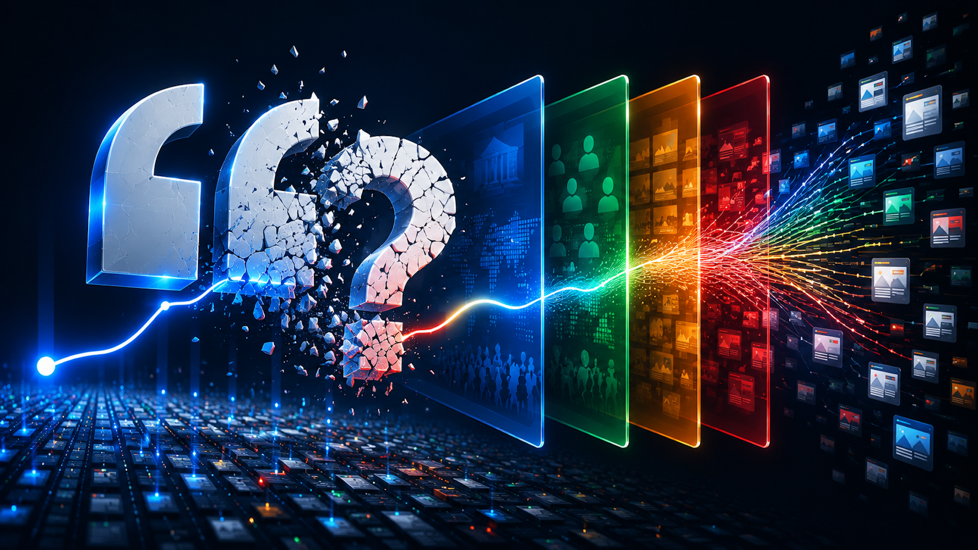 ```json
{
  "alt": "Digital artwork depicting a cracked symbol with glowing lines connecting various colored panels and digital files.",
  "caption": "Unravel the mystery of information flow with this striking digital artwork showcasing connectivity and data transformation.",
  "description": "A visually stunning digital artwork featuring a large cracked question mark and quotation mark, symbolizing the breakdown of traditional information. Glowing lines extend from the cracks, connecting to colored panels that represent various digital entities. Behind these panels, a stream of digital files flows, illustrating the concept of data transformation and connectivity. The dark background accentuates the vibrant colors and dynamic composition, making it an ideal visual for themes of technology and information flow."
}
```