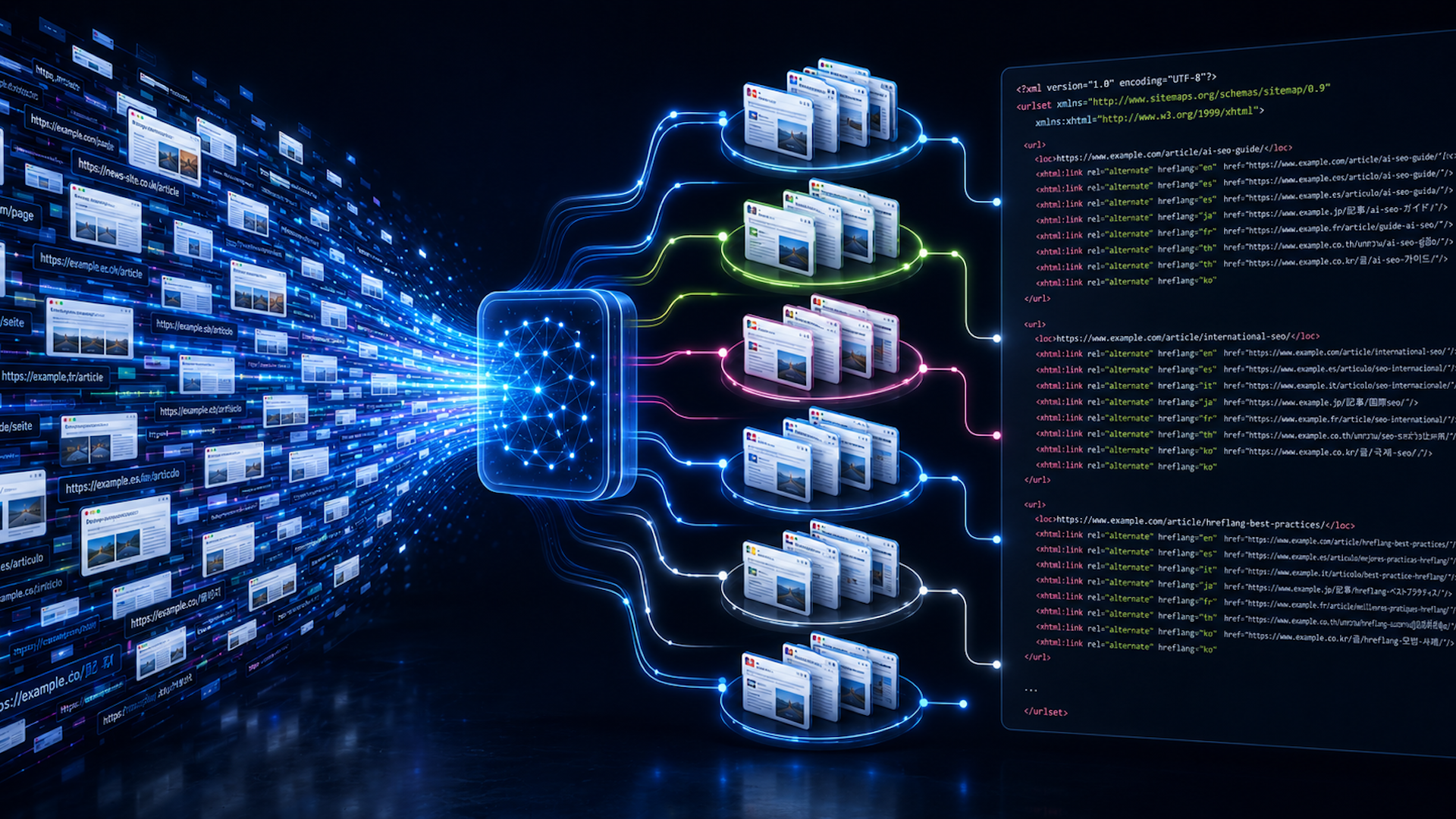 ```json
{
  "alt": "Abstract digital representation of data flow from URLs to organized code blocks.",
  "caption": "Digital data streams from numerous URLs into structured code, depicting a seamless process of information integration and organization.",
  "description": "This image visually represents a digital process where multiple URLs on the left side flow into a central node before being organized into structured code blocks on the right. The URLs symbolize a vast stream of online data being systematically processed, possibly illustrating concepts like big data management or web crawling. The visualization includes colorful lines indicating organized pathways for data, enhancing the technological and digital theme."
}
```