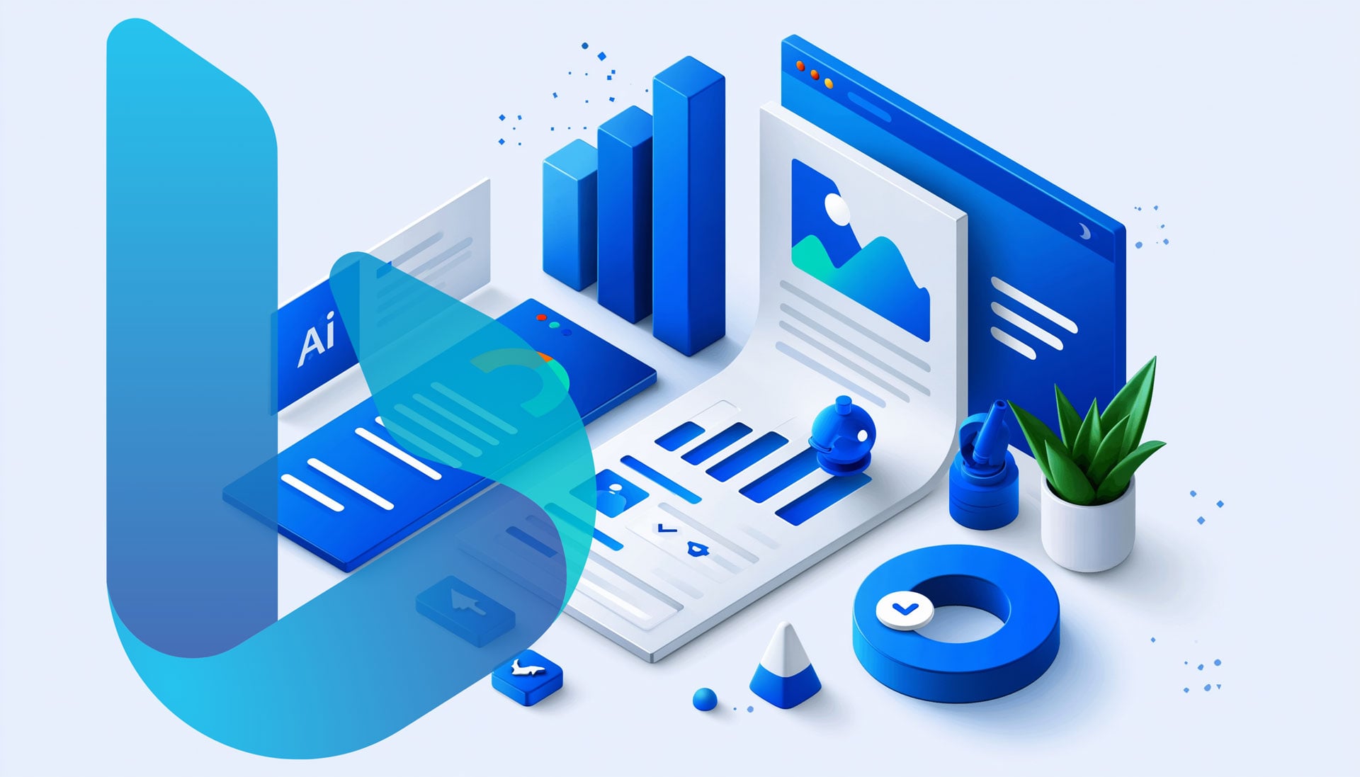 ```json
{
  "alt": "3D illustration of analytics and AI elements, including graphs, charts, and a plant.",
  "caption": "Dynamic 3D visualization of analytical and AI components, weaving technology with creativity.",
  "description": "This 3D illustration showcases an array of analytics and AI-themed elements, including bar graphs, charts, and interface icons. A fresh green plant adds a lively touch, while blue tones dominate the scene, symbolizing innovation and technology. The image is designed to capture the intersection of data analysis and artificial intelligence, ideal for presentations or digital content focusing on tech advancements."
}
```