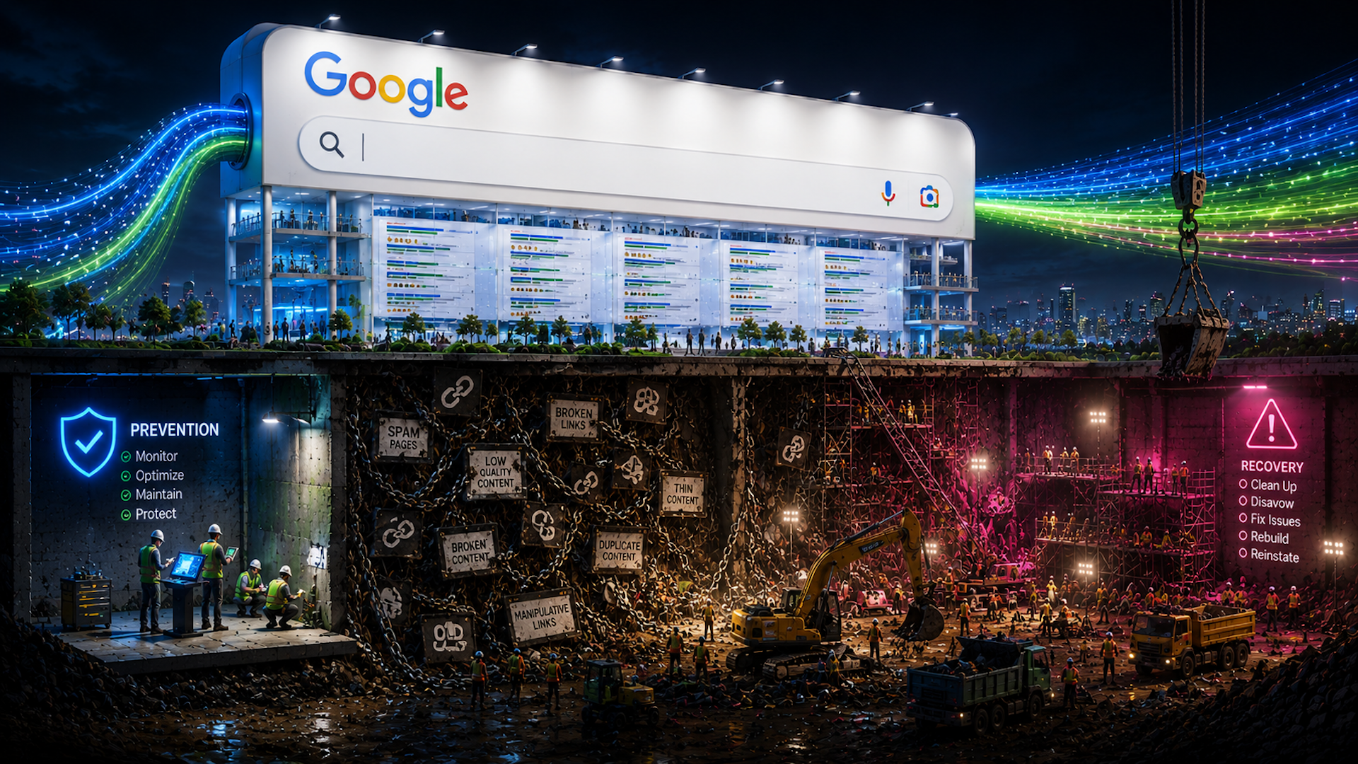 ```json
{
"alt": "Visual metaphor of Google's search index as a digital facility with prevention, recovery, and workers maintaining content quality.",
"caption": "A captivating illustration of Google's search ecosystem, highlighting prevention and recovery operations handled by digital workers.",
"description": "This image creatively visualizes Google's search index as a sprawling digital facility. The upper section features Google's recognizable search box with data streams, while the lower level shows workers engaged in 'prevention' and 'recovery' tasks against spam and low-quality content. Highlighted areas include signs for monitoring, optimizing, maintaining, and protecting digital content. The meticulous detailing of construction and repair activities serves as a metaphor for the continuous effort to maintain search quality and integrity."
}
```